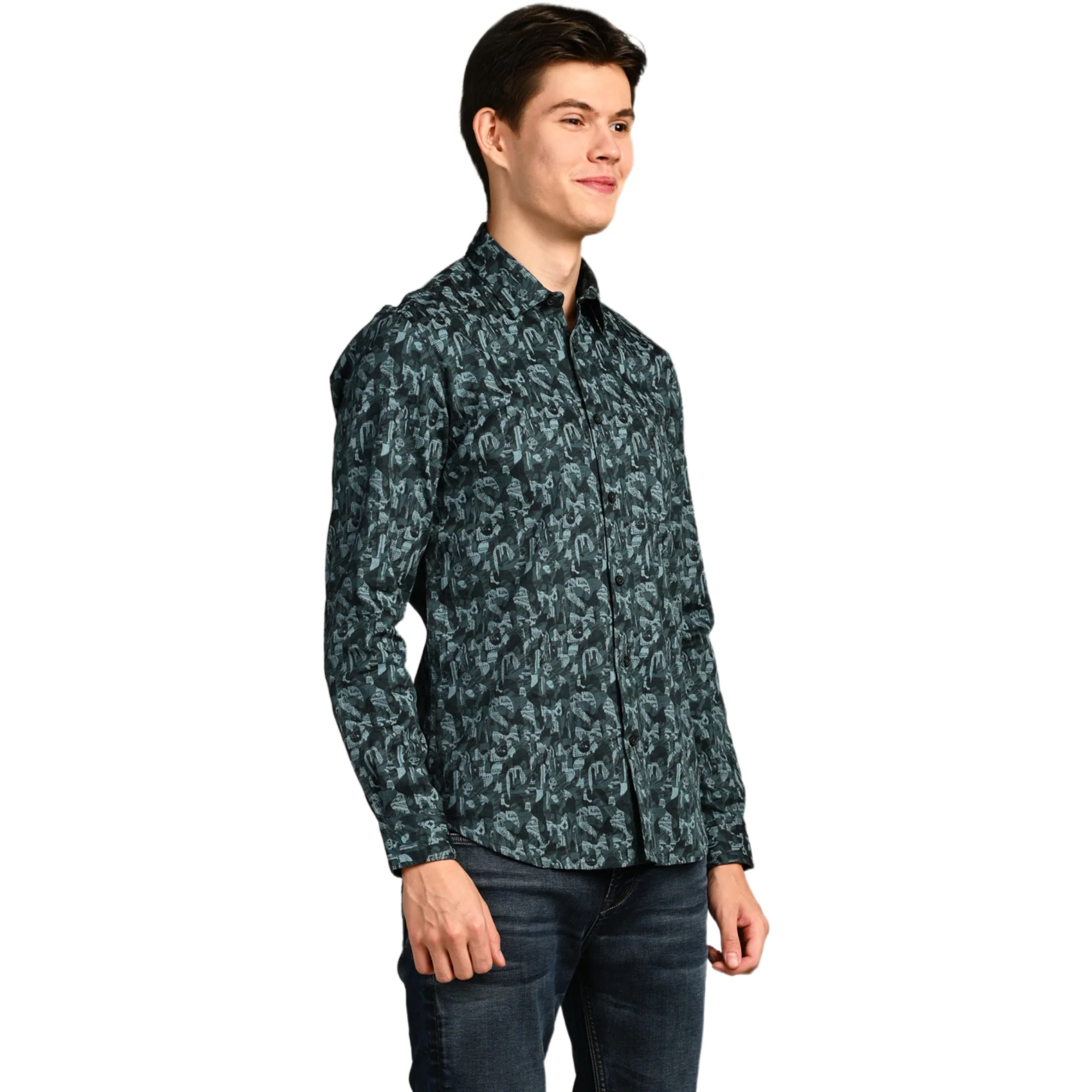 Full Sleeves Slim Fit Dark Green All-Over Small Camou Print Shirt - Image 3