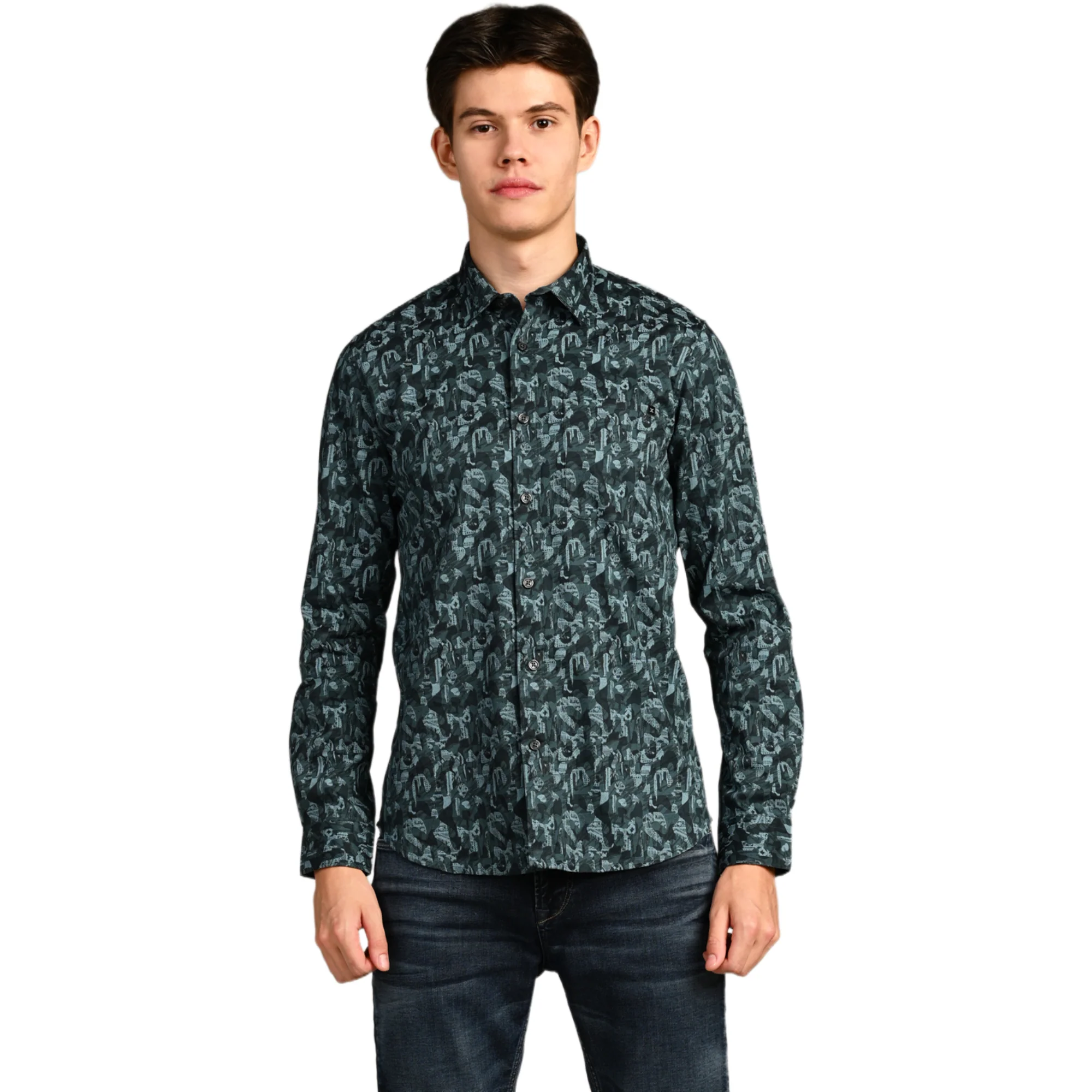 Full Sleeves Slim Fit Dark Green All-Over Small Camou Print Shirt - Image 4