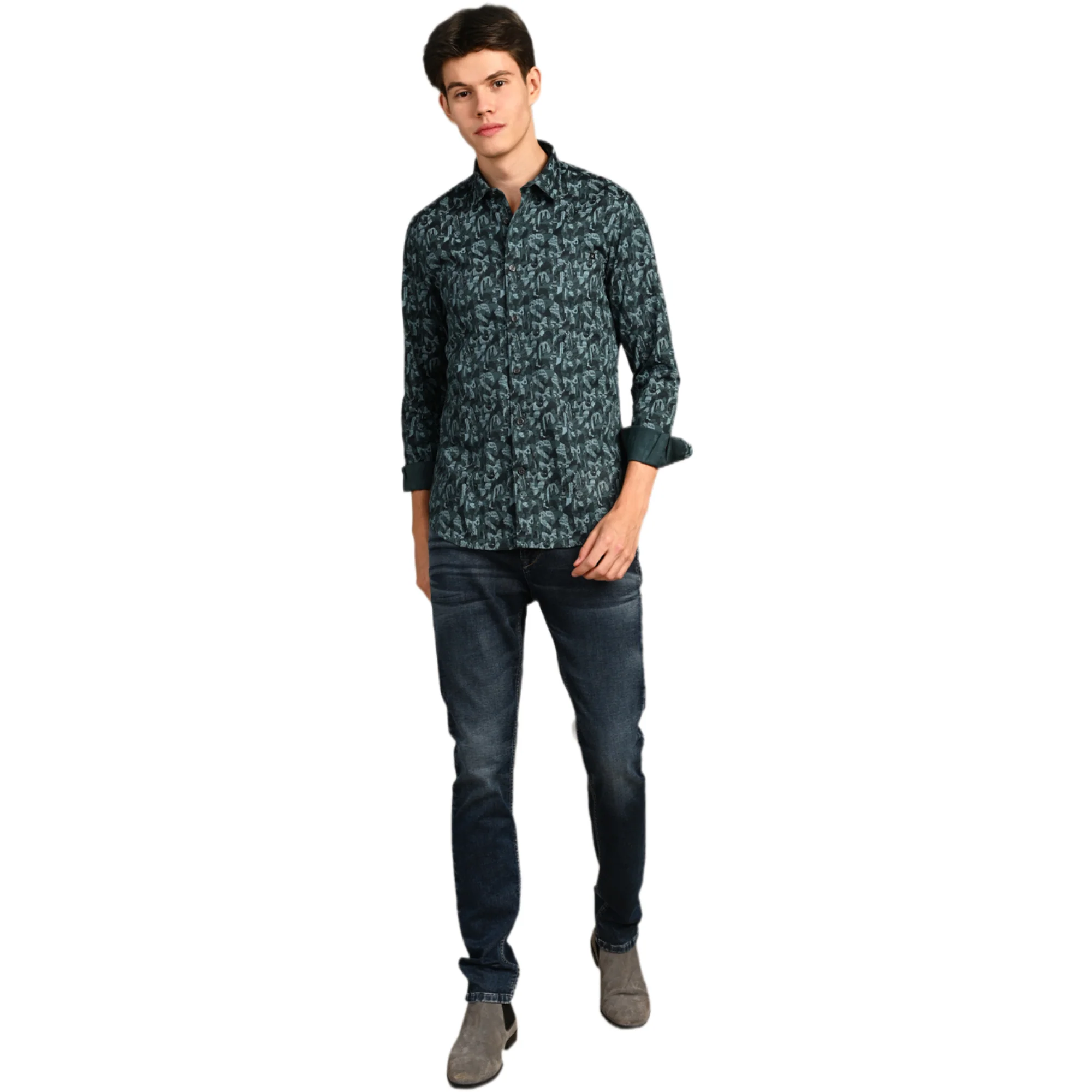 Full Sleeves Slim Fit Dark Green All-Over Small Camou Print Shirt - Image 5