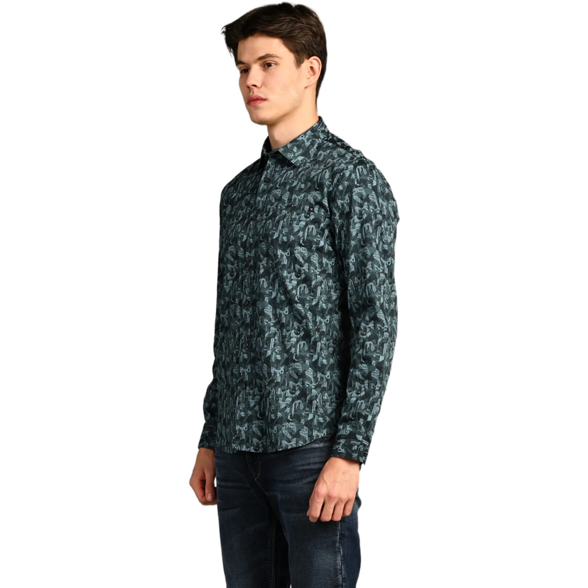 Full Sleeves Slim Fit Dark Green All-Over Small Camou Print Shirt - Image 6