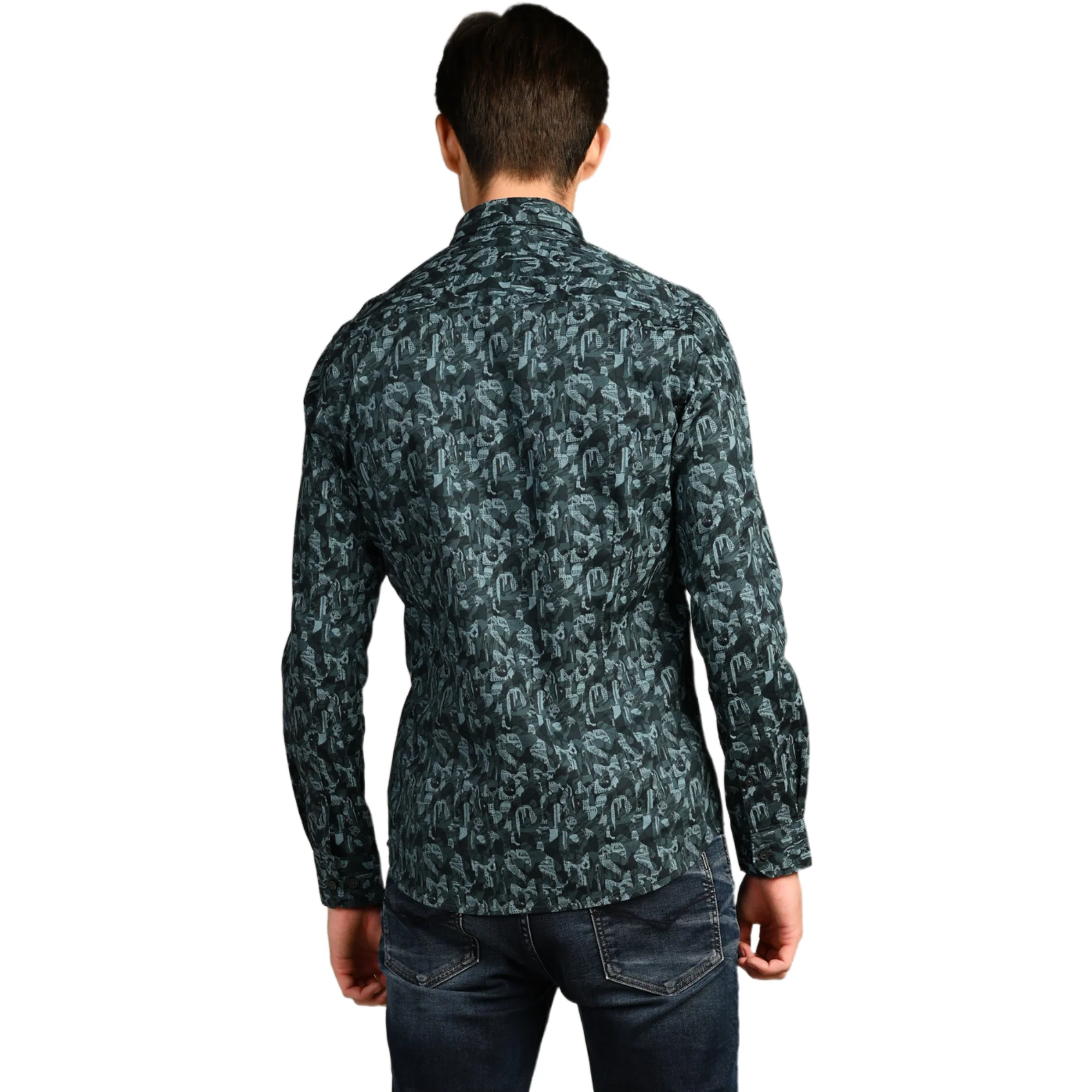 Full Sleeves Slim Fit Dark Green All-Over Small Camou Print Shirt - Image 7
