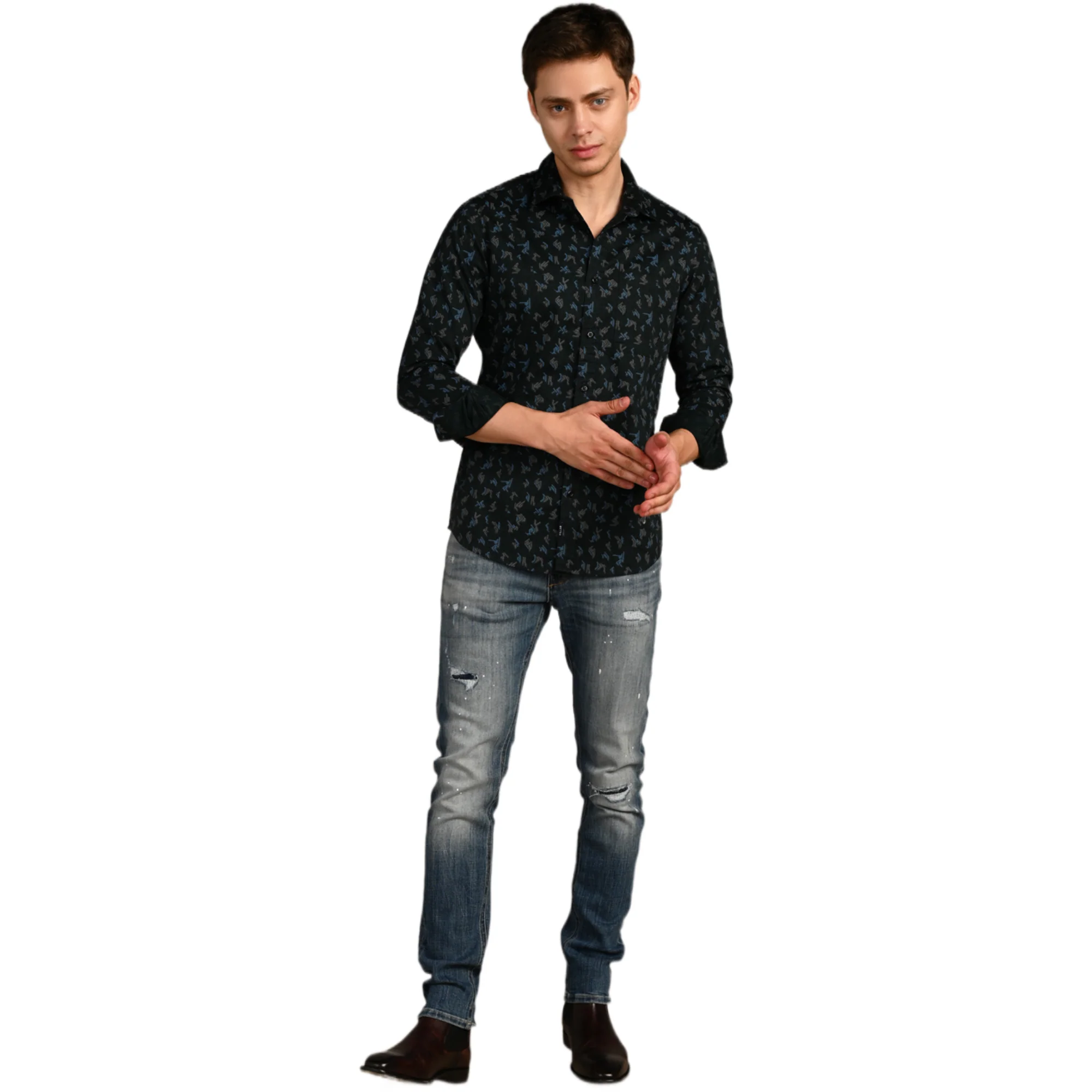 Full Sleeves Slim Fit Bottle Green All Over Geometric Motif Print Shirt - Image 3