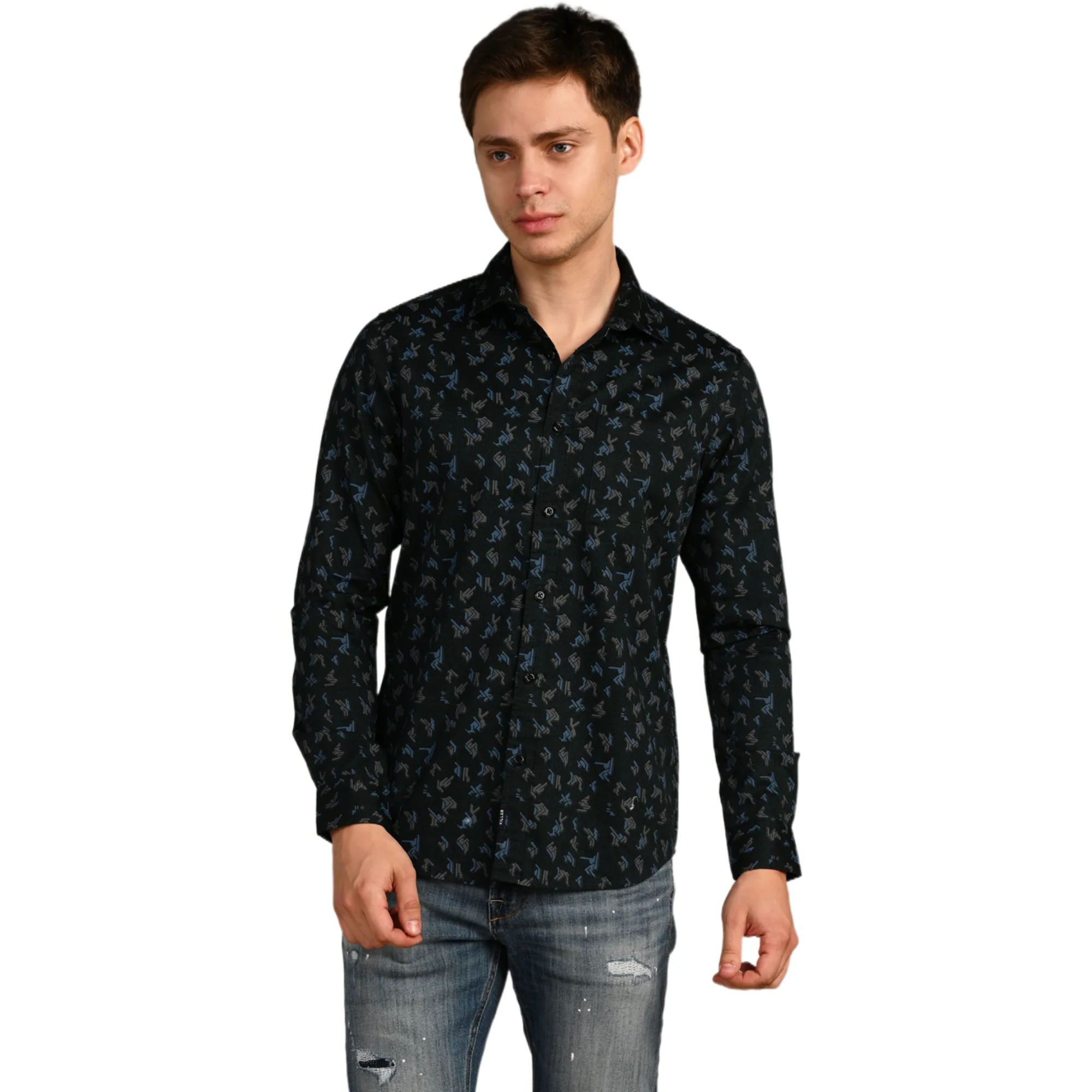 Full Sleeves Slim Fit Bottle Green All Over Geometric Motif Print Shirt - Image 4
