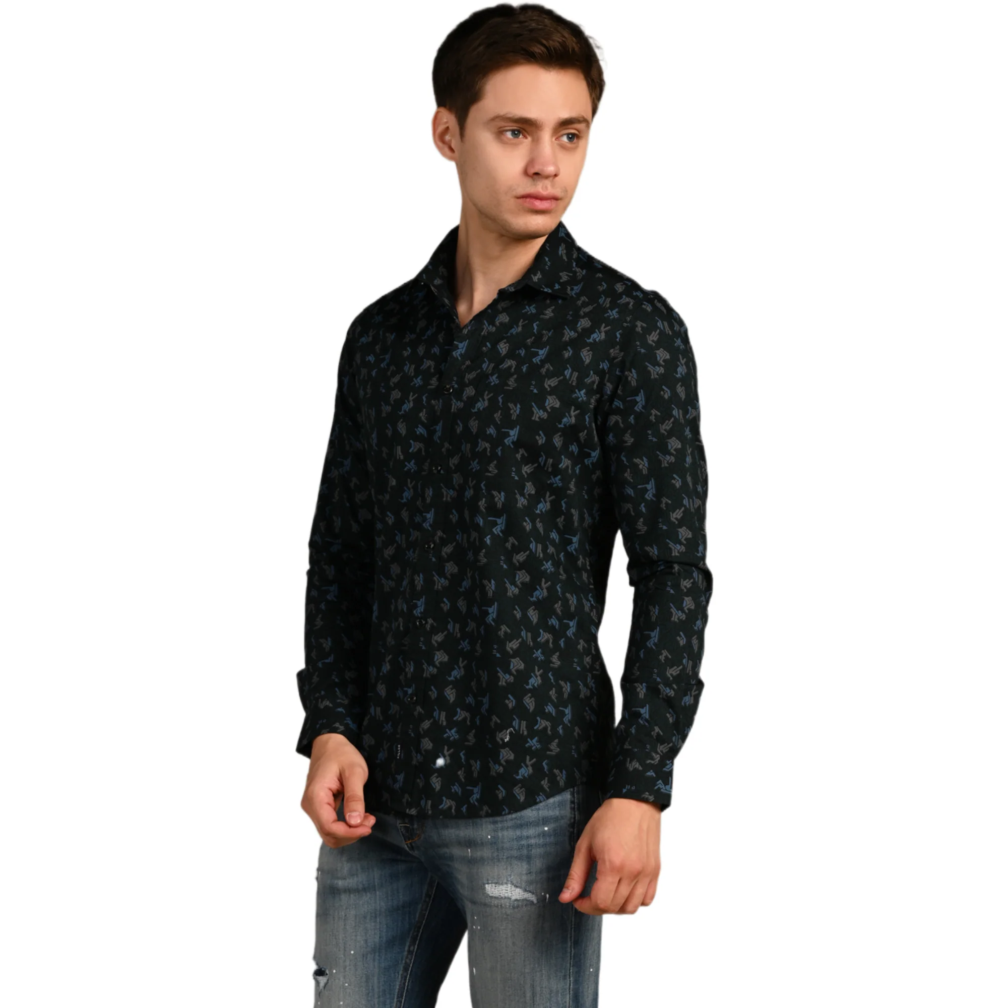 Full Sleeves Slim Fit Bottle Green All Over Geometric Motif Print Shirt - Image 5