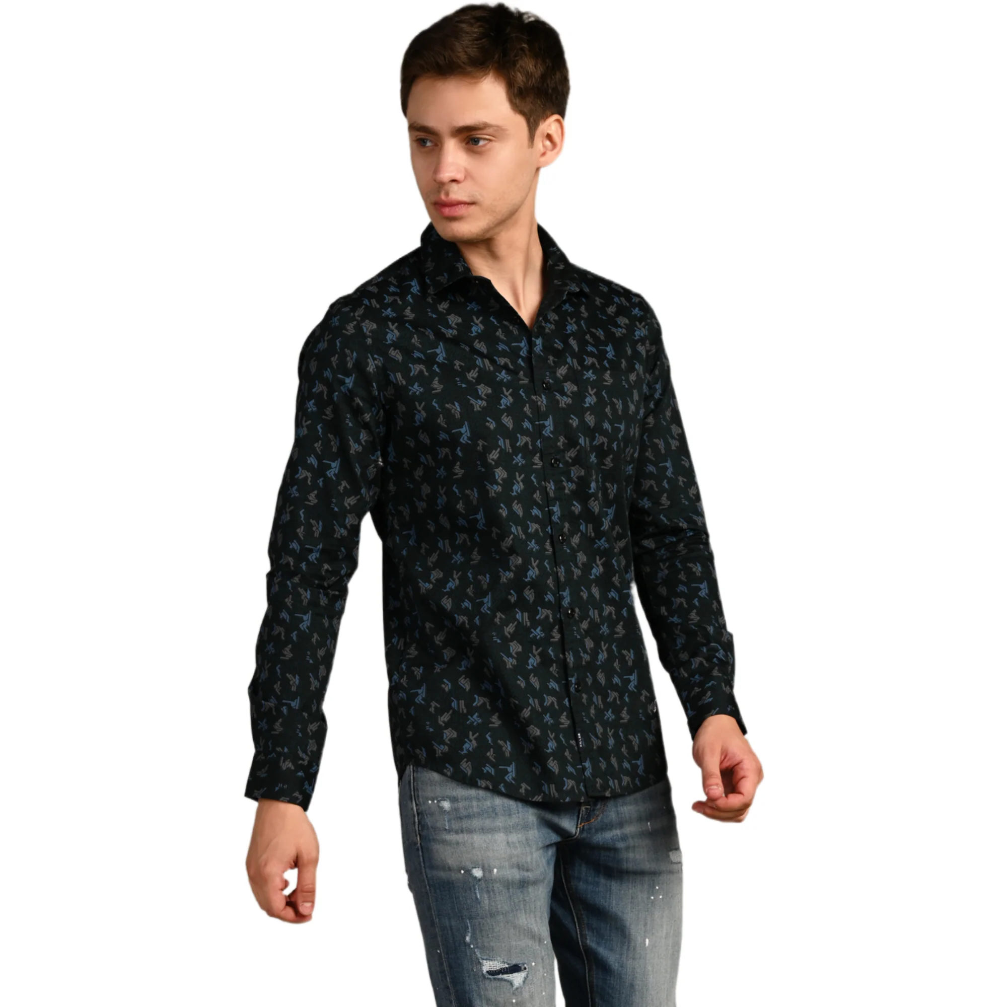 Full Sleeves Slim Fit Bottle Green All Over Geometric Motif Print Shirt - Image 6