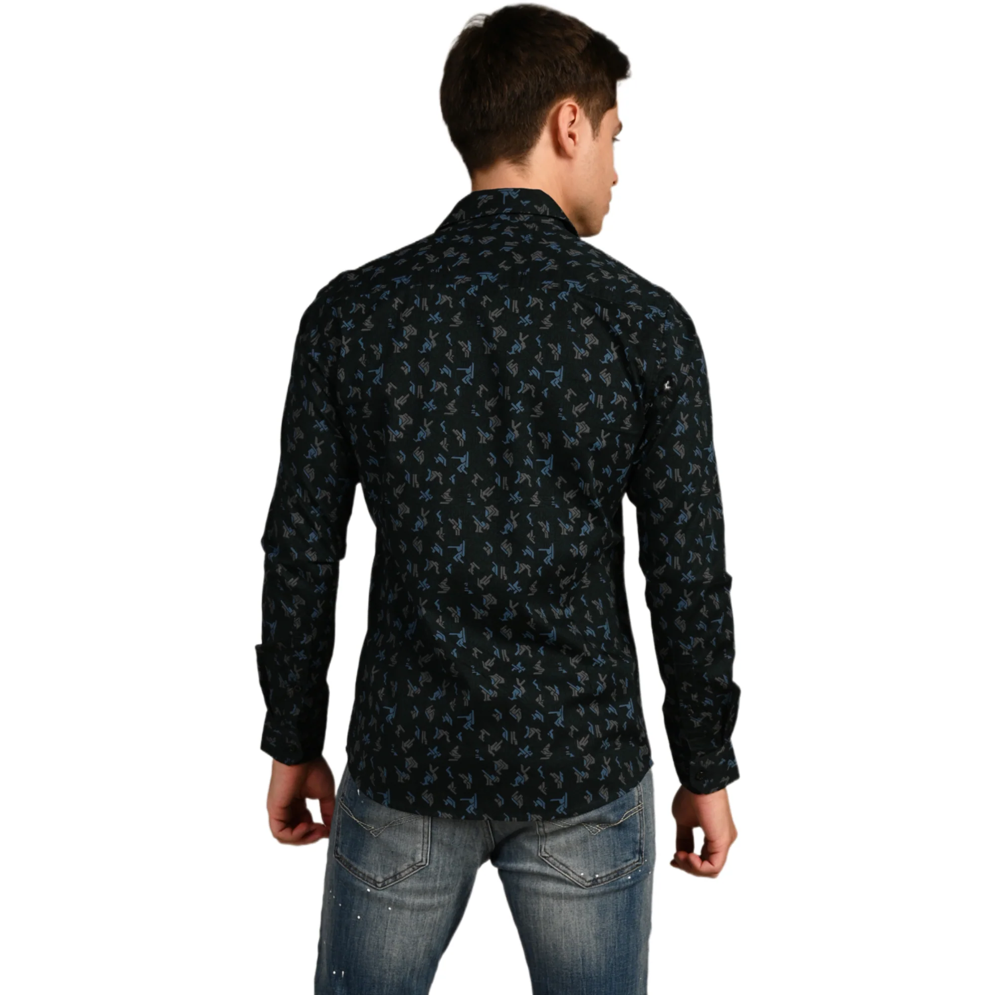 Full Sleeves Slim Fit Bottle Green All Over Geometric Motif Print Shirt - Image 7
