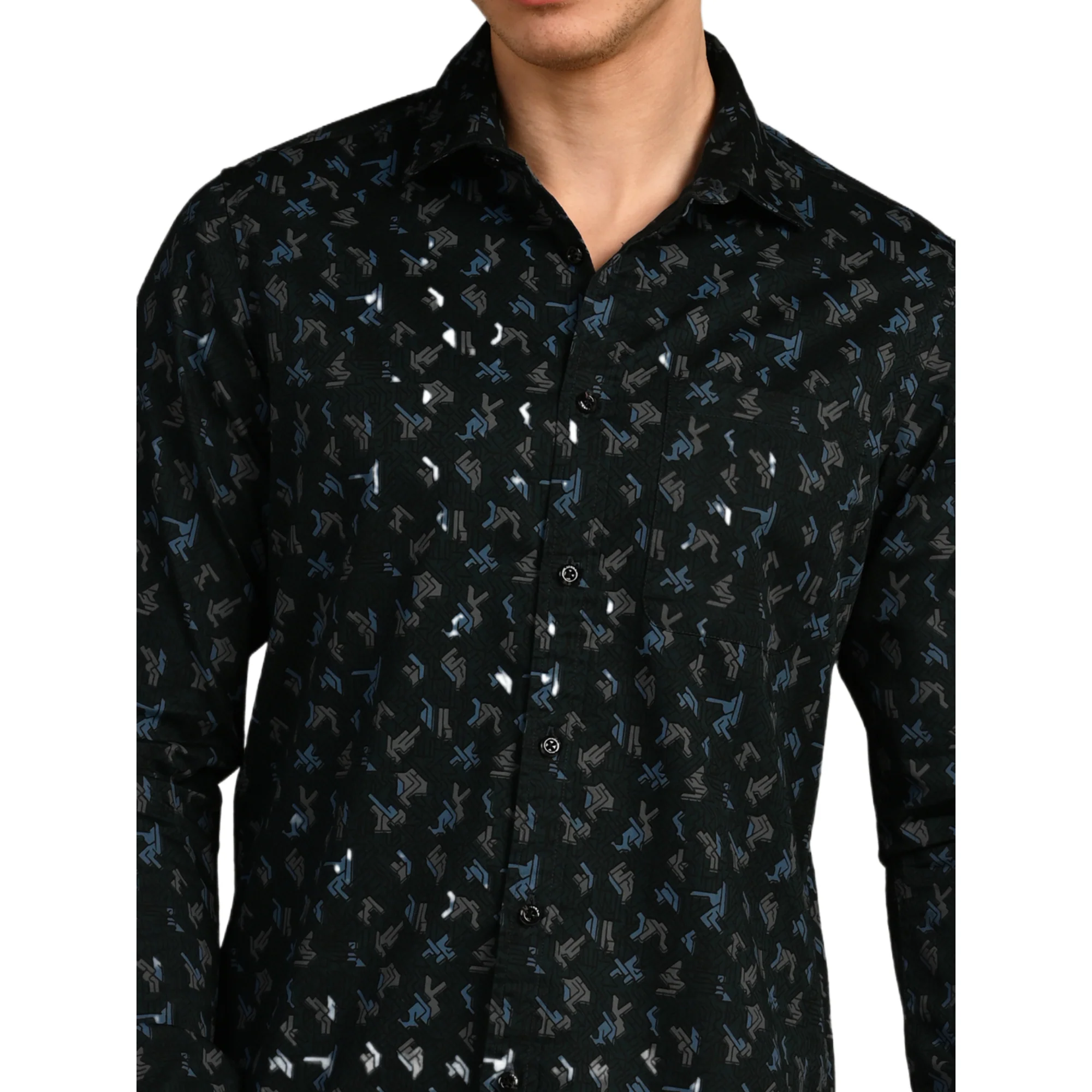 Full Sleeves Slim Fit Bottle Green All Over Geometric Motif Print Shirt - Image 8