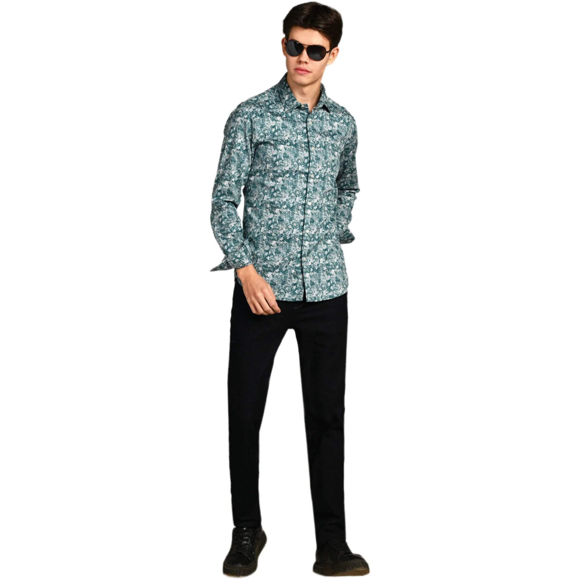 Full Sleeves Slim Fit Green Textured All Over Grunge Floral Dobby Print Shirt - Image 3