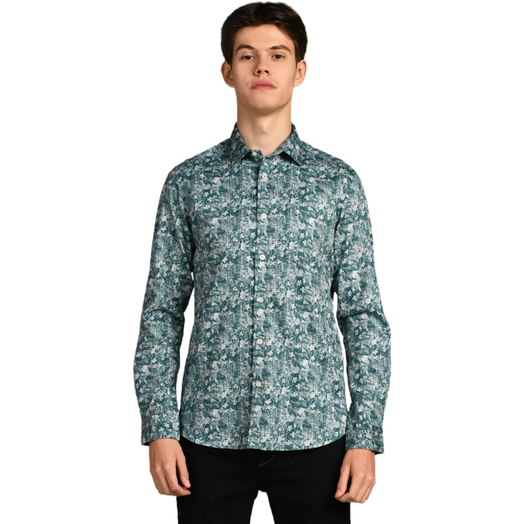 Full Sleeves Slim Fit Green Textured All Over Grunge Floral Dobby Print Shirt - Image 4