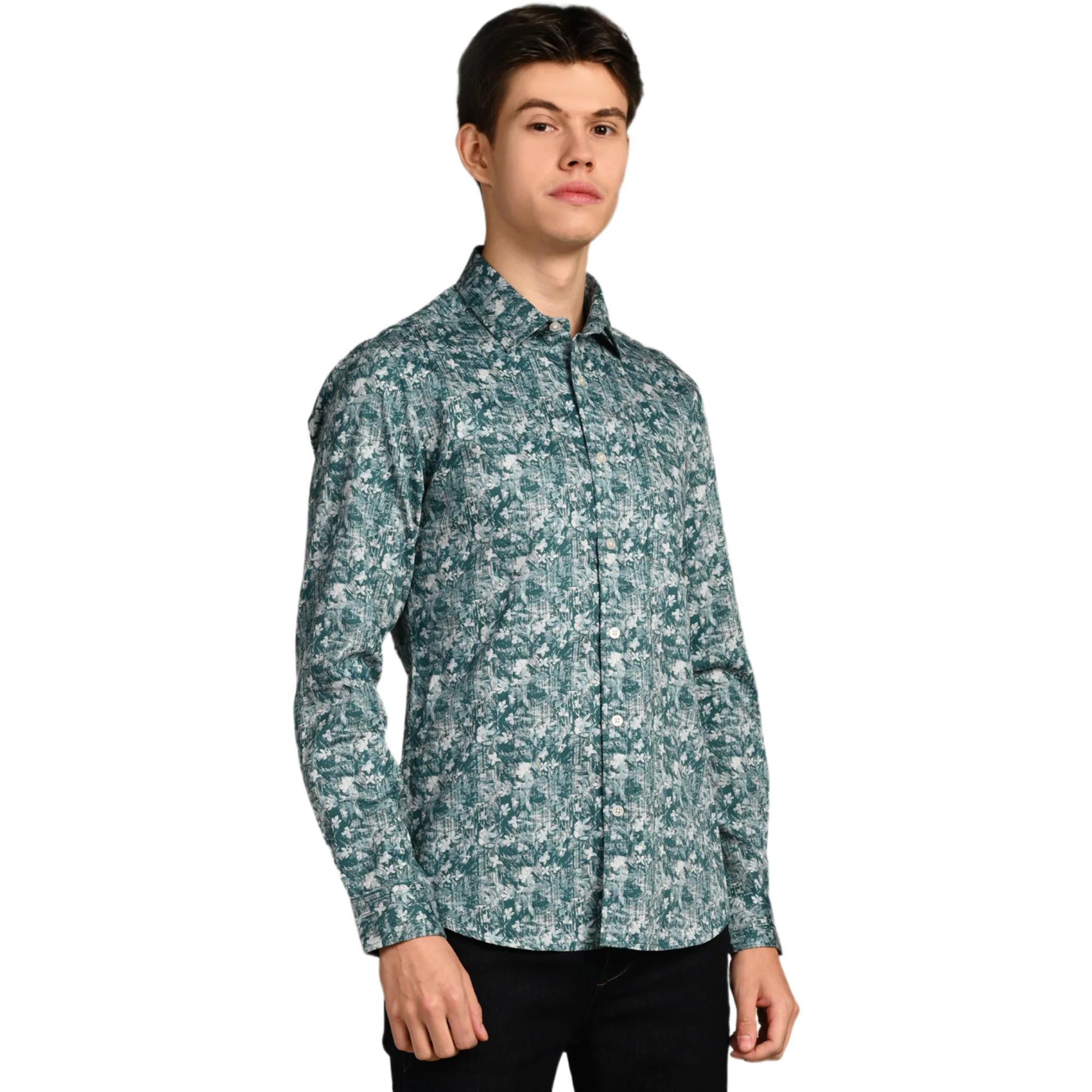 Full Sleeves Slim Fit Green Textured All Over Grunge Floral Dobby Print Shirt - Image 5