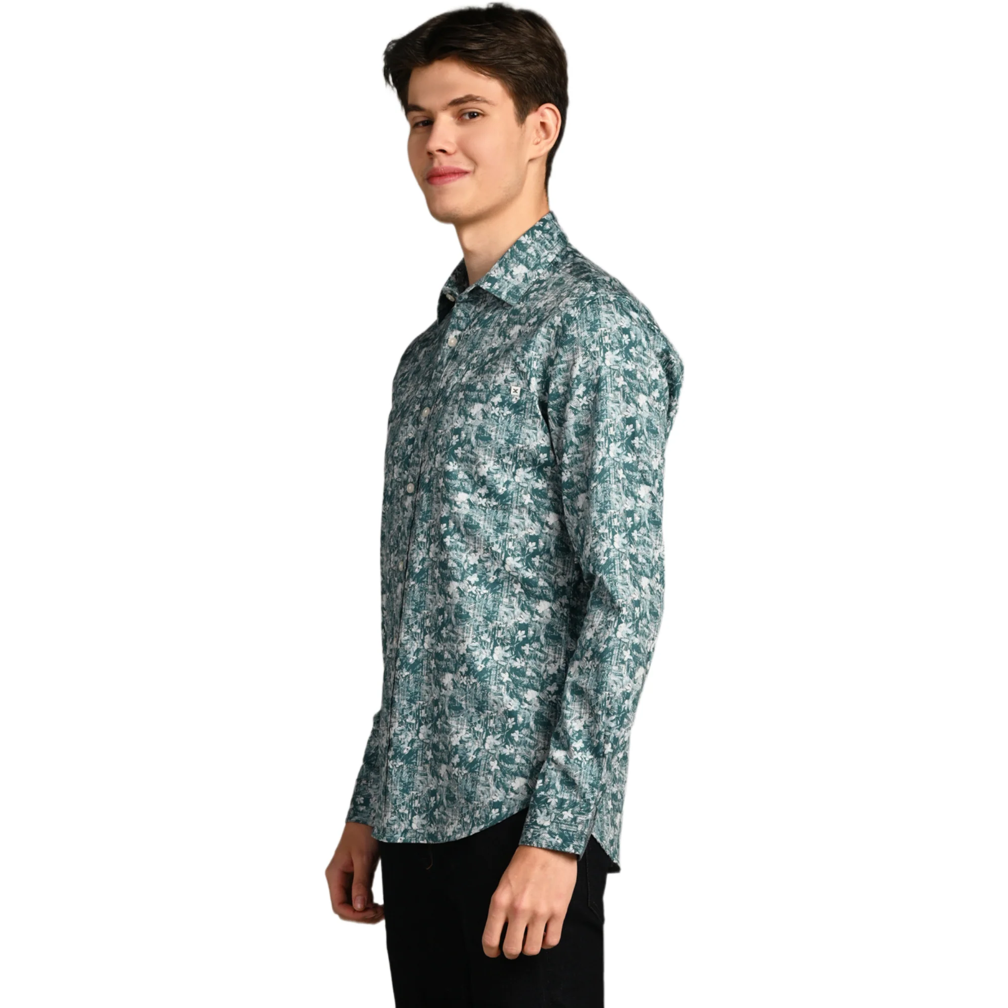 Full Sleeves Slim Fit Green Textured All Over Grunge Floral Dobby Print Shirt - Image 6