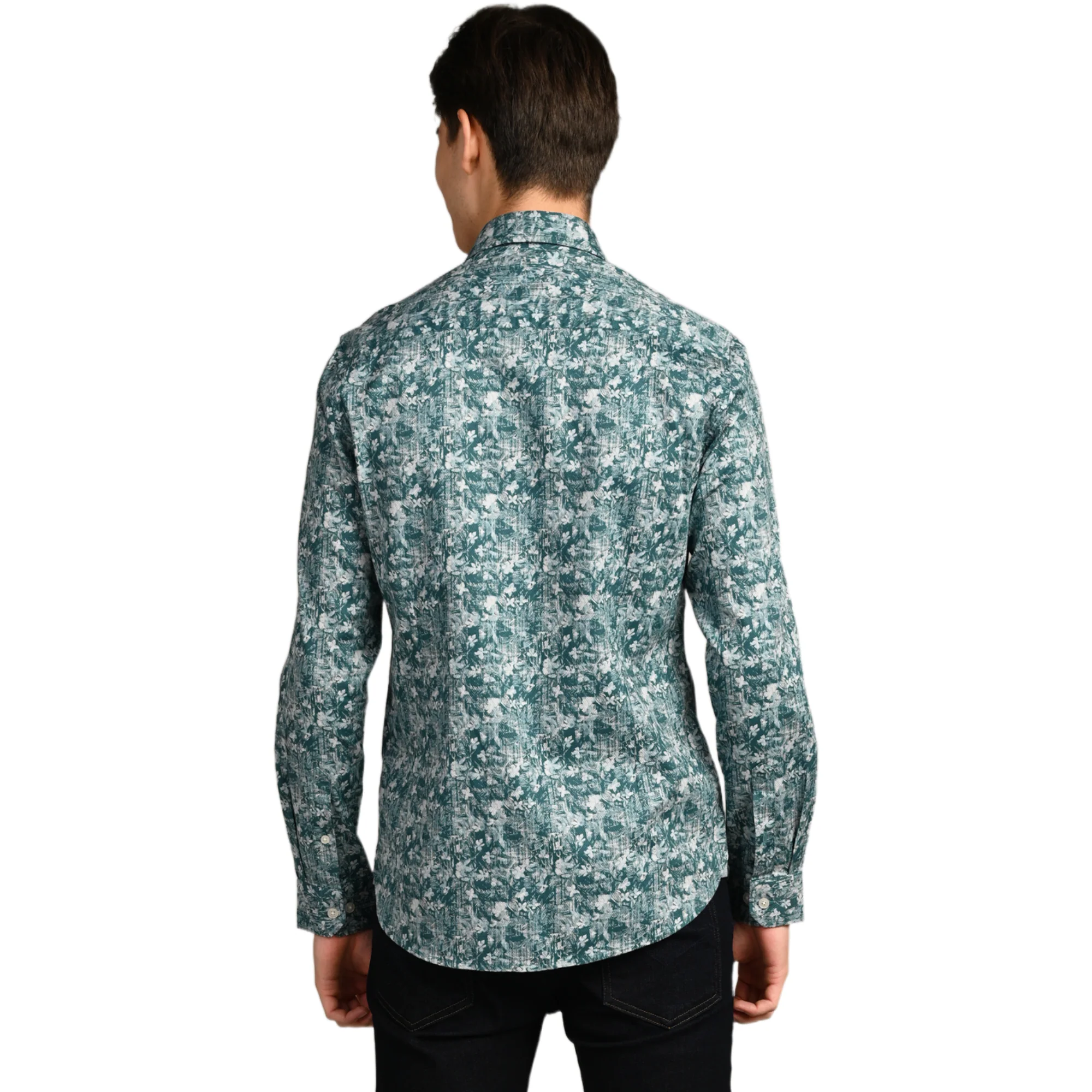 Full Sleeves Slim Fit Green Textured All Over Grunge Floral Dobby Print Shirt - Image 7