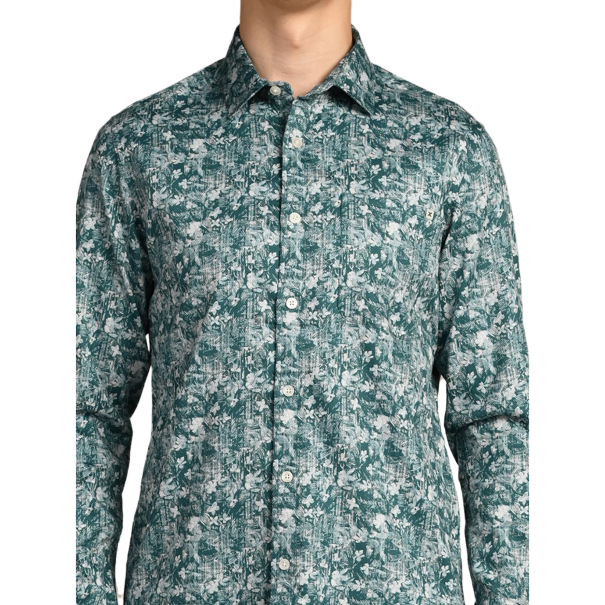 Full Sleeves Slim Fit Green Textured All Over Grunge Floral Dobby Print Shirt - Image 8