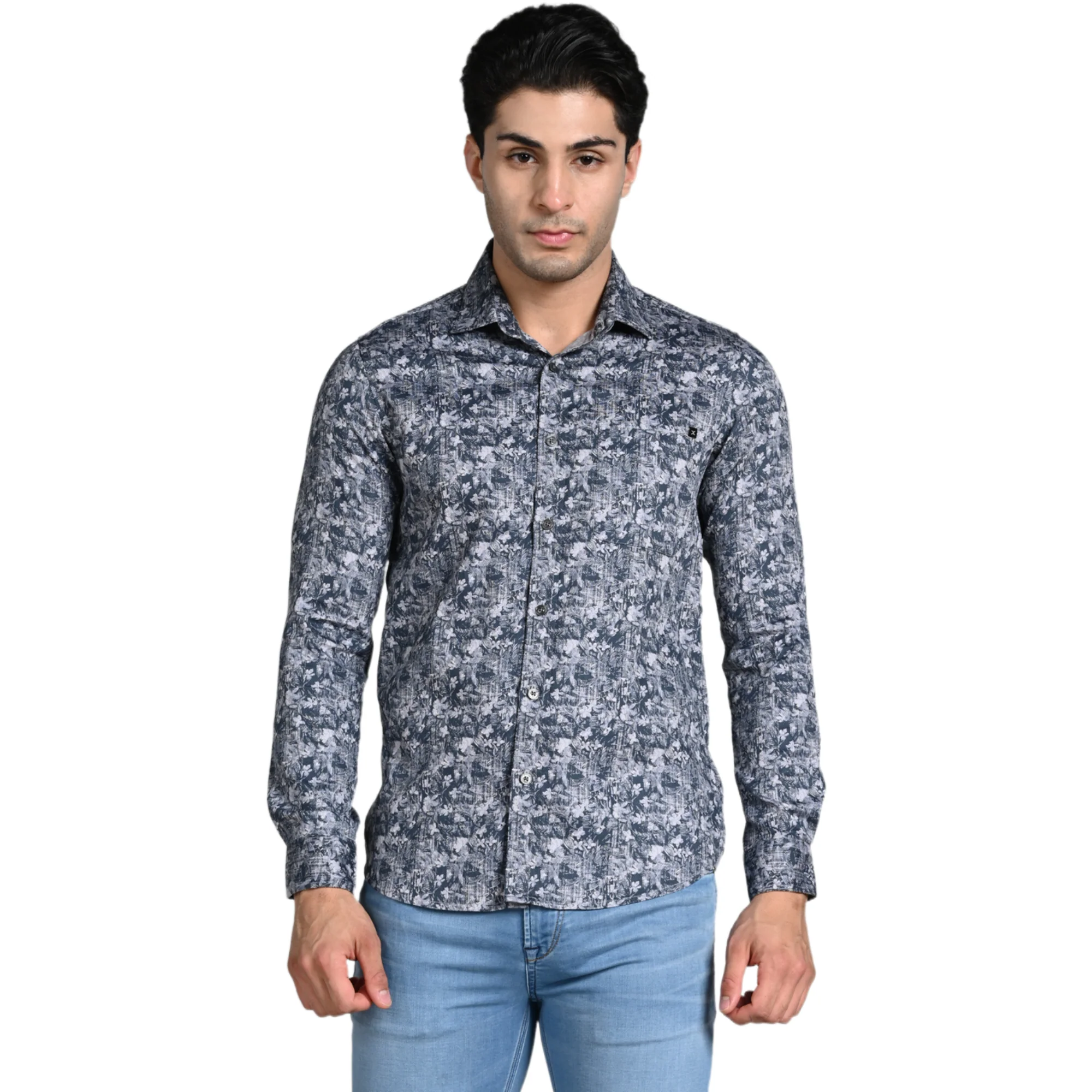 Full Sleeves Slim Fit Grey Textured All Over Grunge Floral Dobby Print Shirt - Image 5