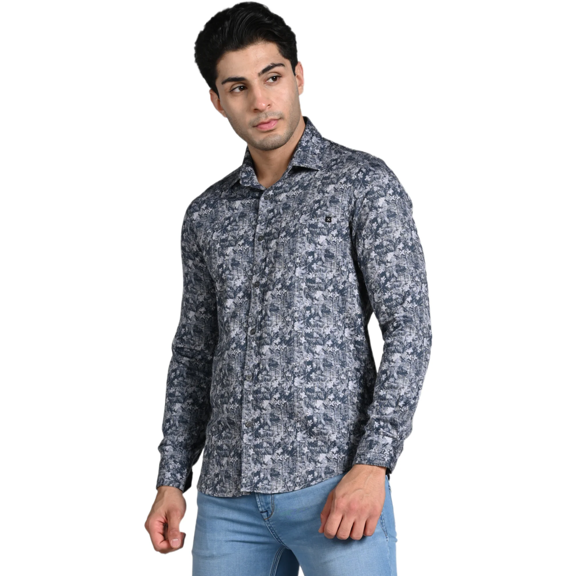 Full Sleeves Slim Fit Grey Textured All Over Grunge Floral Dobby Print Shirt - Image 6
