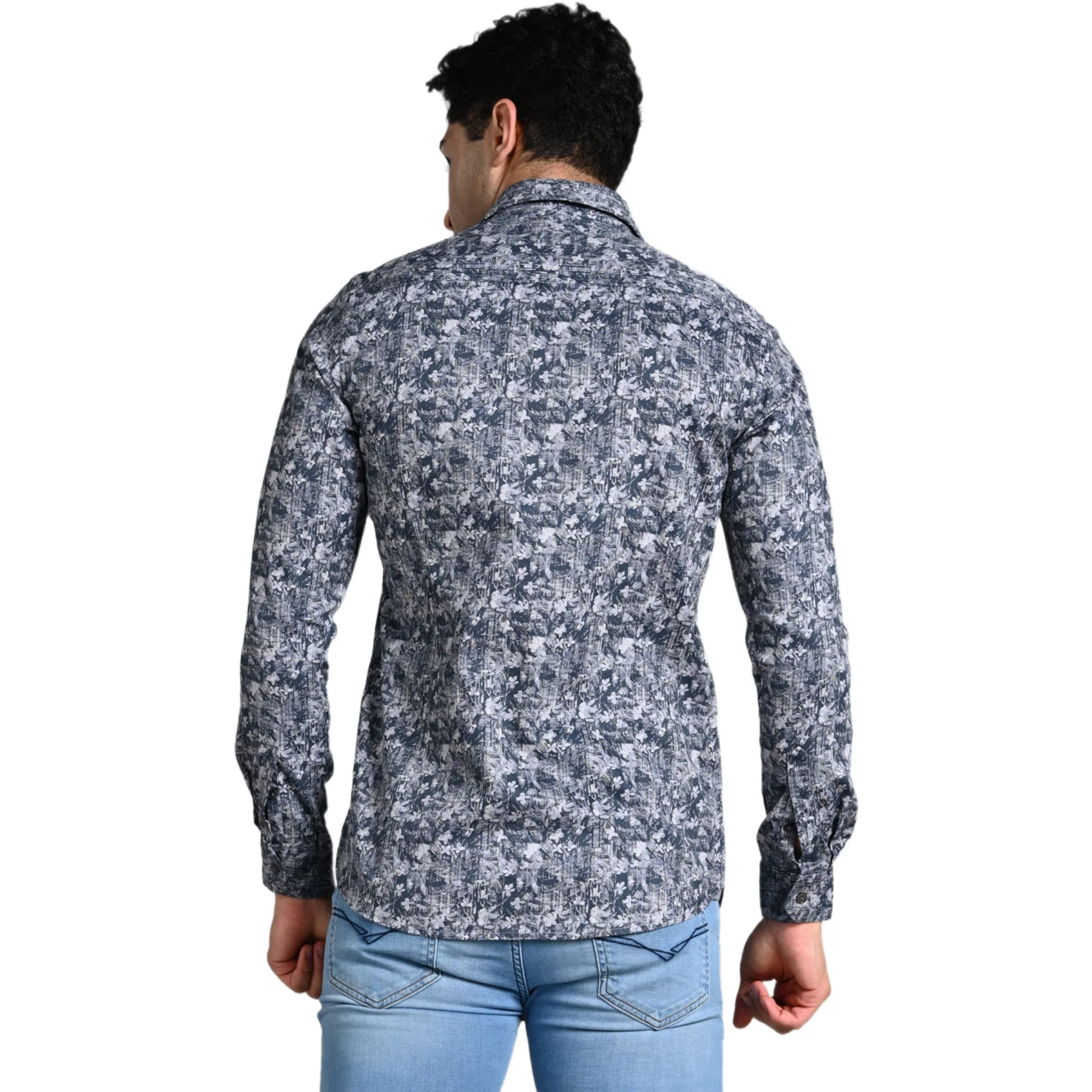 Full Sleeves Slim Fit Grey Textured All Over Grunge Floral Dobby Print Shirt - Image 8