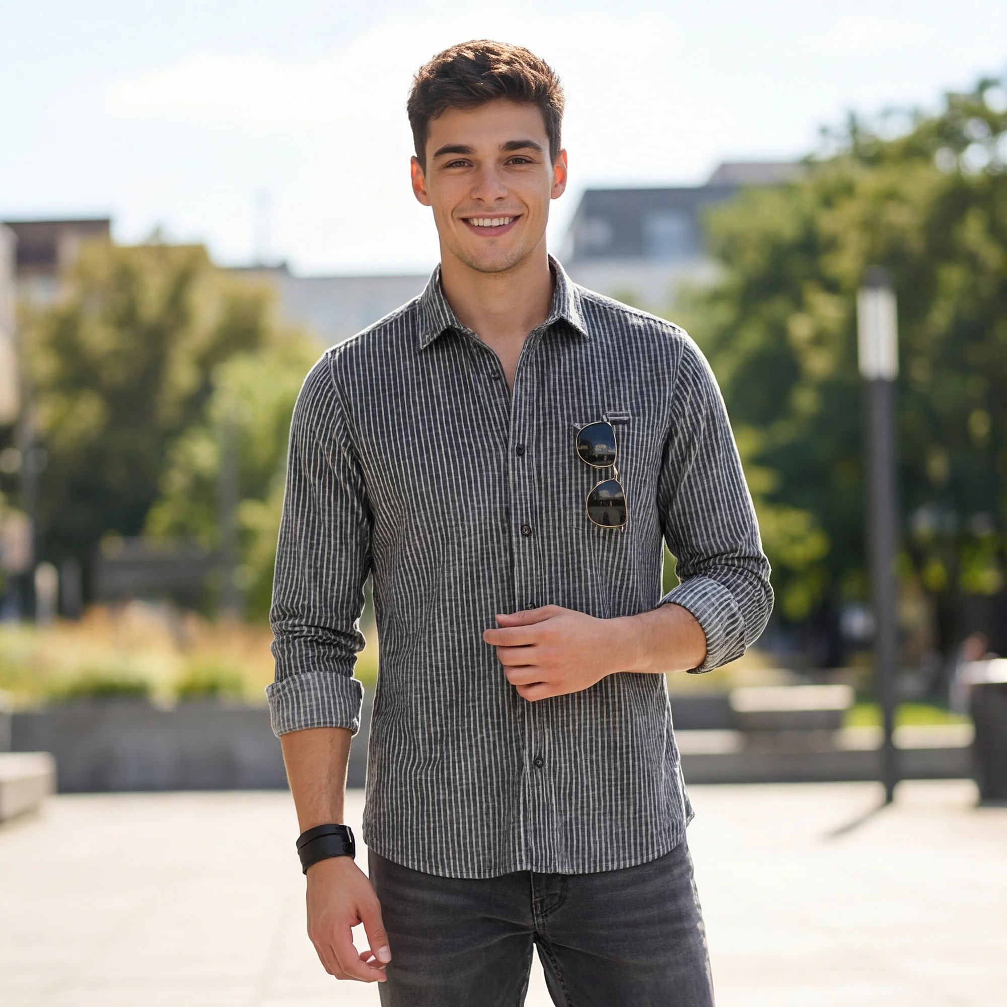 Full Sleeves Slim Fit Grey Grunge Stripe Uncut Corduroy Print Shirt - Image 2