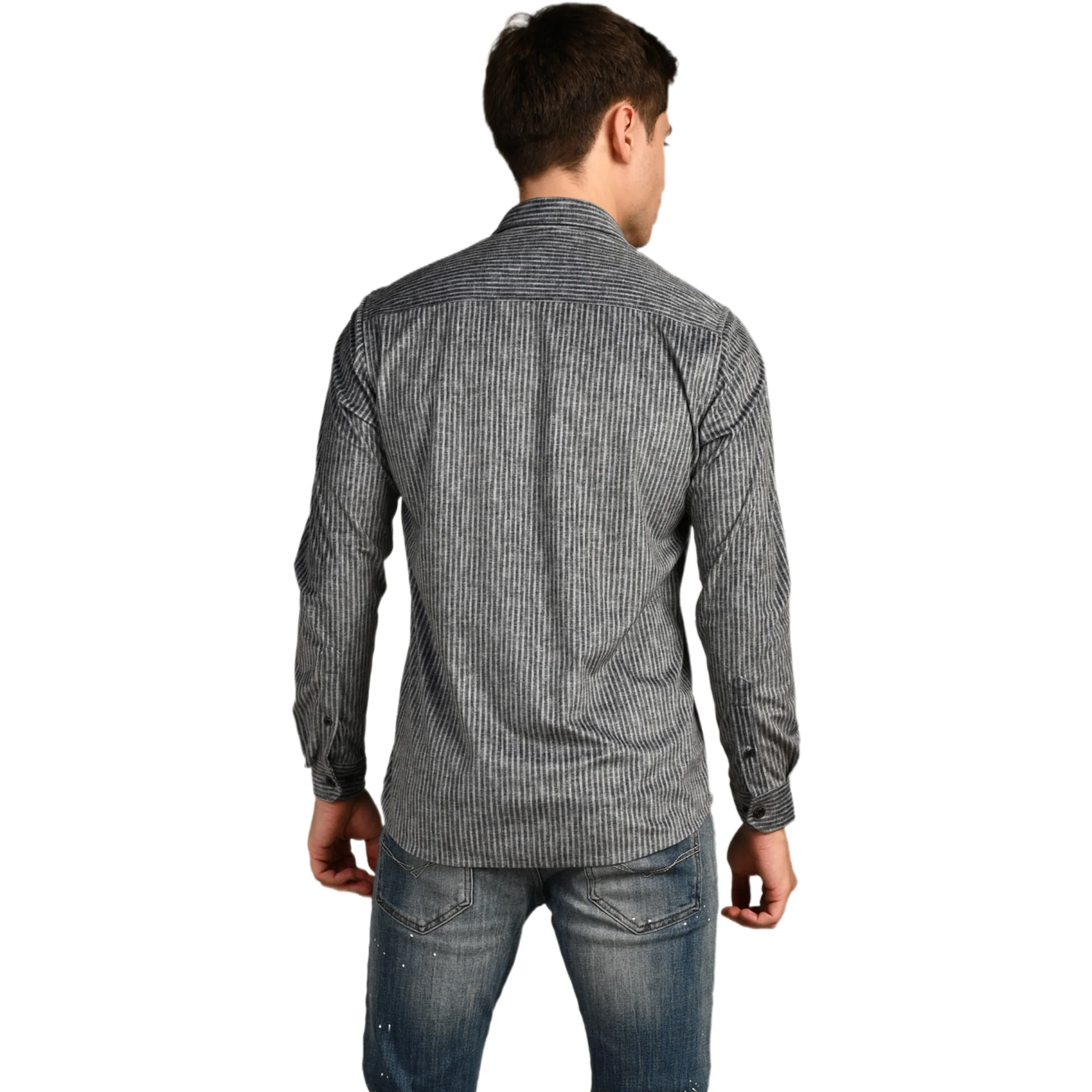 Full Sleeves Slim Fit Grey Grunge Stripe Uncut Corduroy Print Shirt - Image 6
