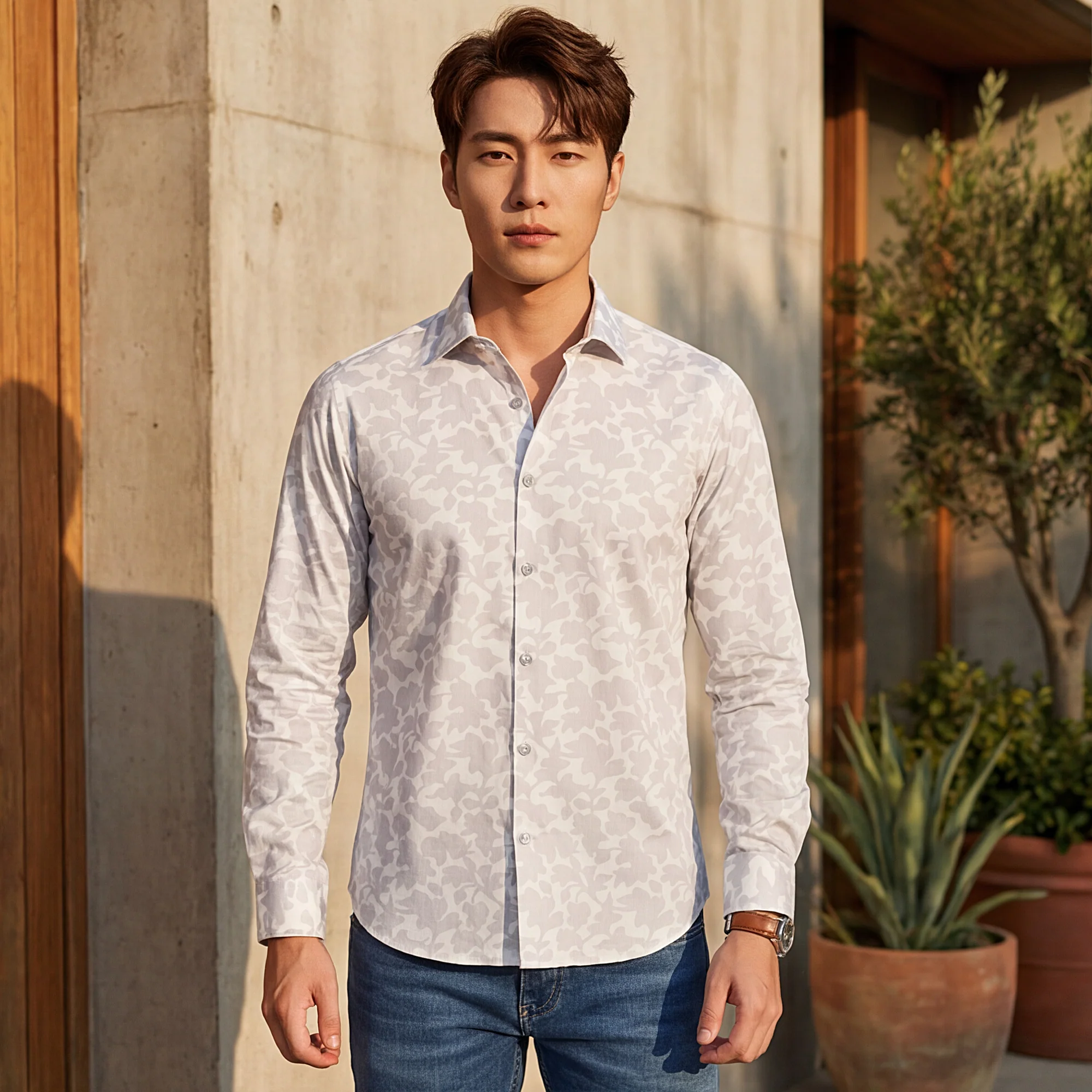 Full Sleeves Slim Fit Grey All over Flower Print Shirt - Image 2