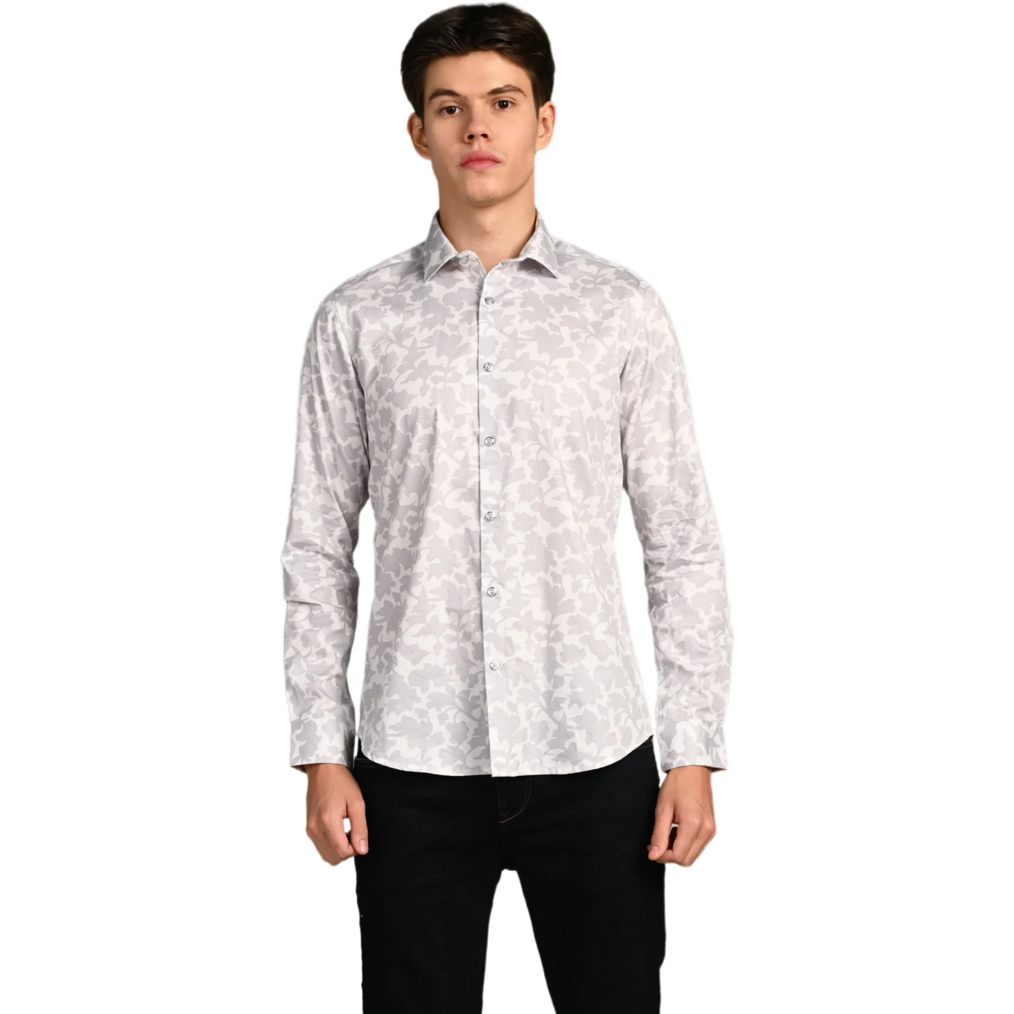 Full Sleeves Slim Fit Grey All over Flower Print Shirt - Image 4
