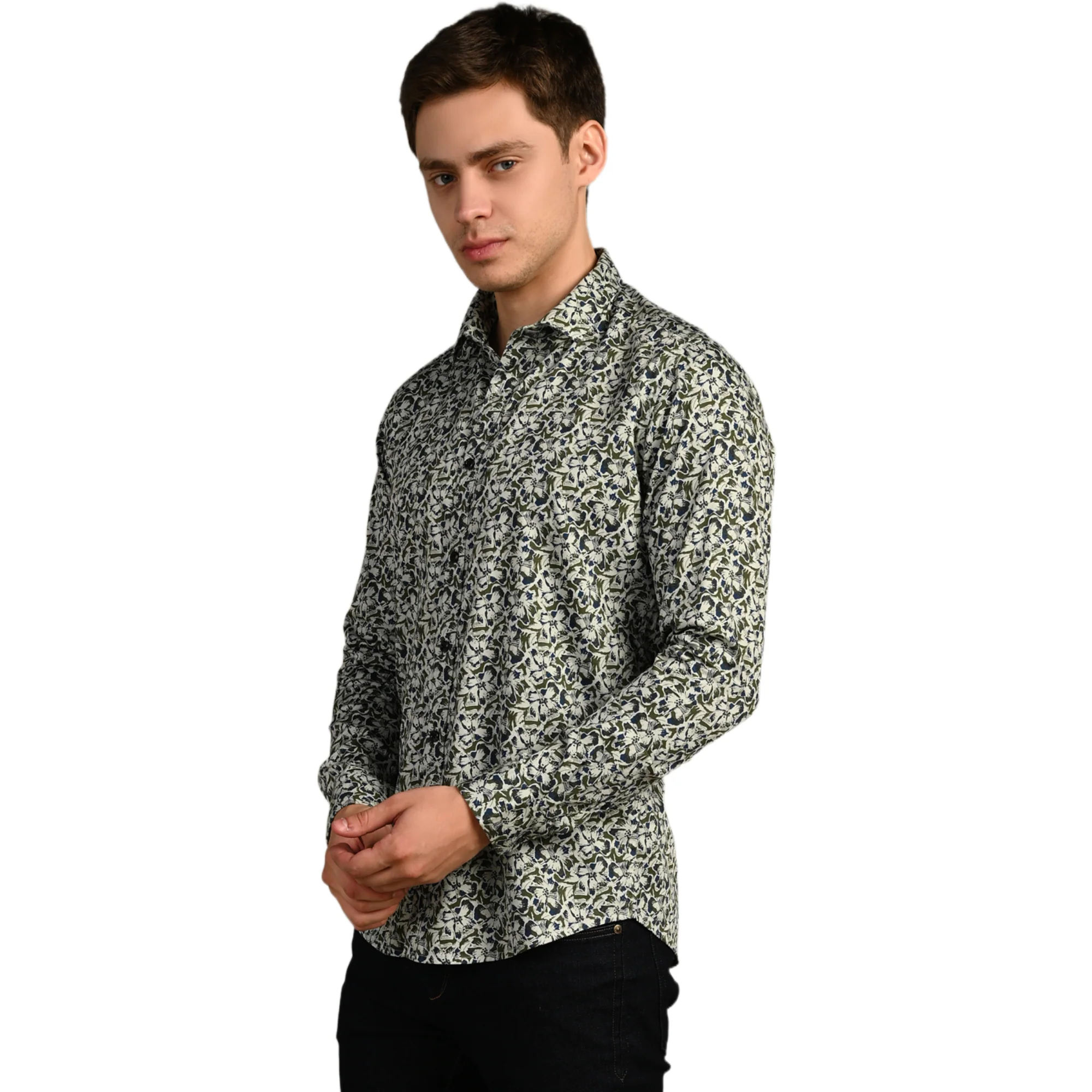 Full Sleeves Slim Fit Green All-Over Abstract Floral Dobby Structure Print Shirt - Image 3