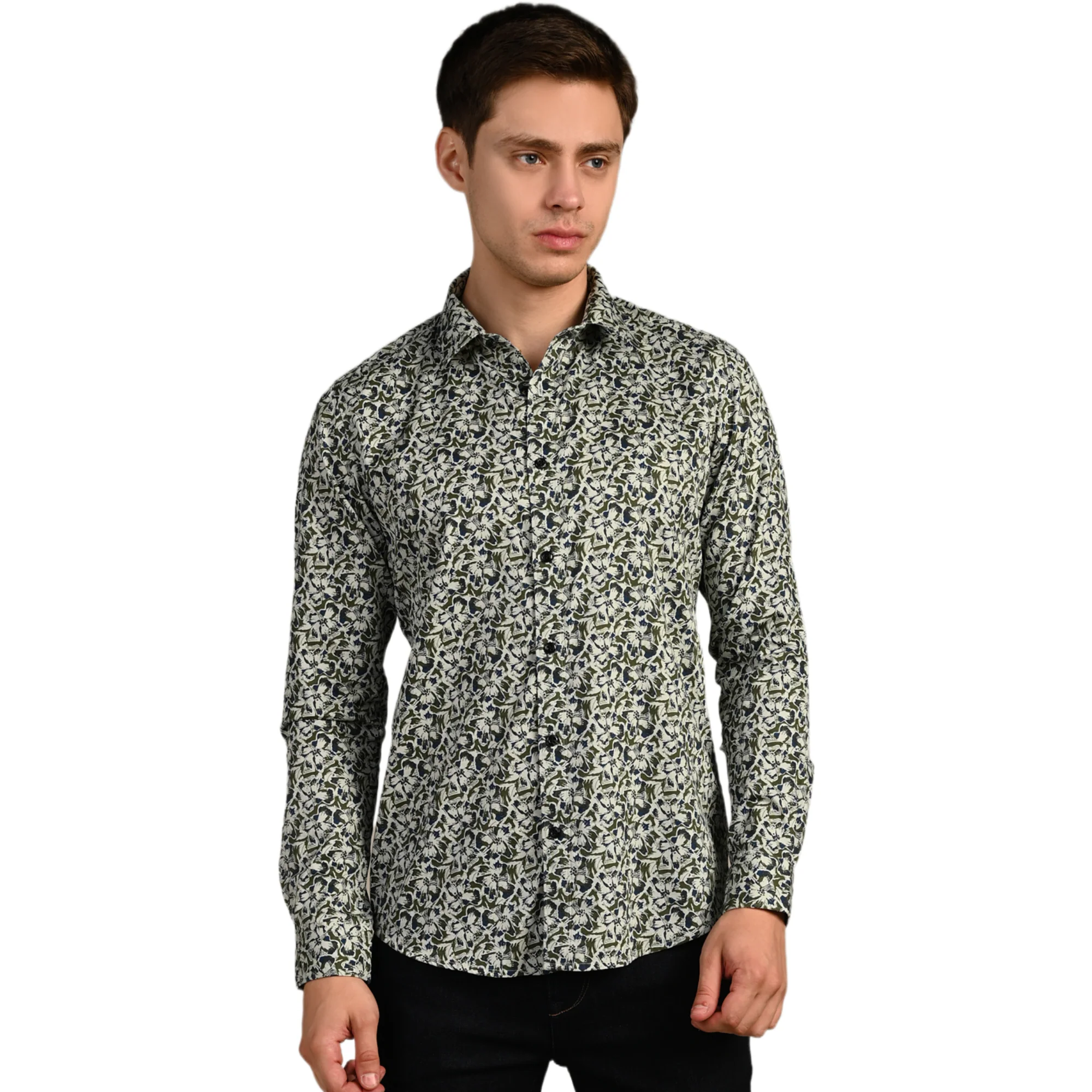 Full Sleeves Slim Fit Green All-Over Abstract Floral Dobby Structure Print Shirt - Image 4