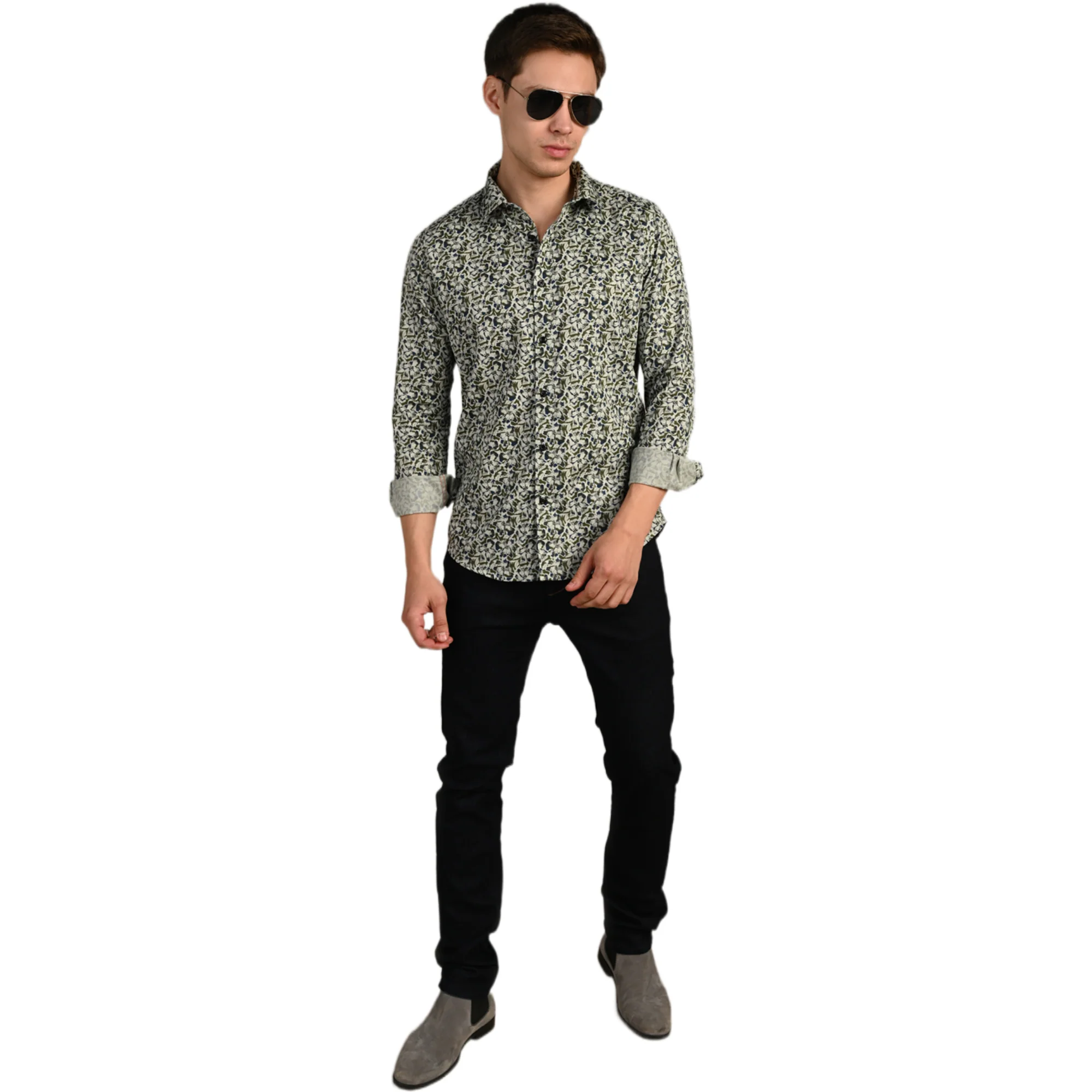 Full Sleeves Slim Fit Green All-Over Abstract Floral Dobby Structure Print Shirt - Image 5