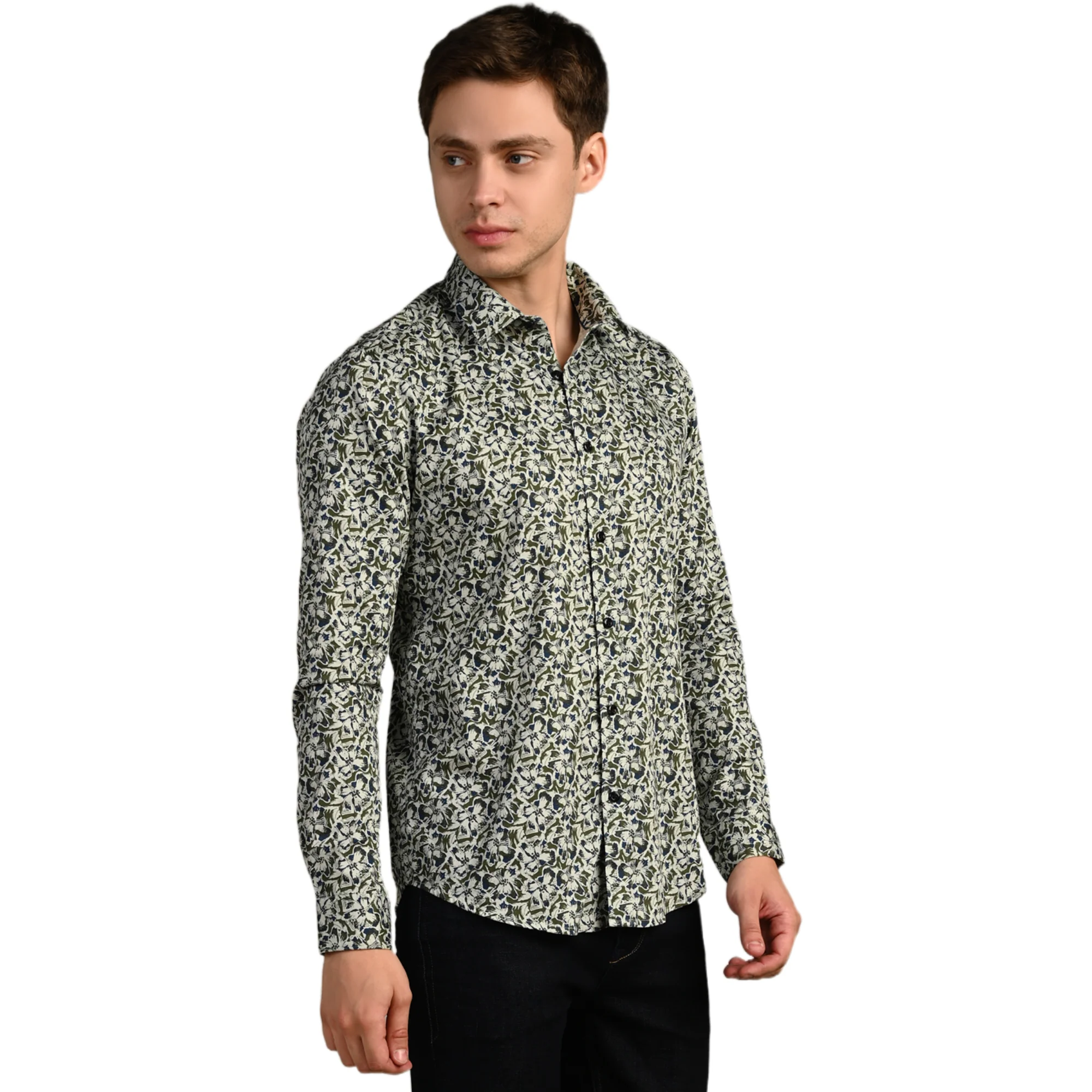 Full Sleeves Slim Fit Green All-Over Abstract Floral Dobby Structure Print Shirt - Image 6