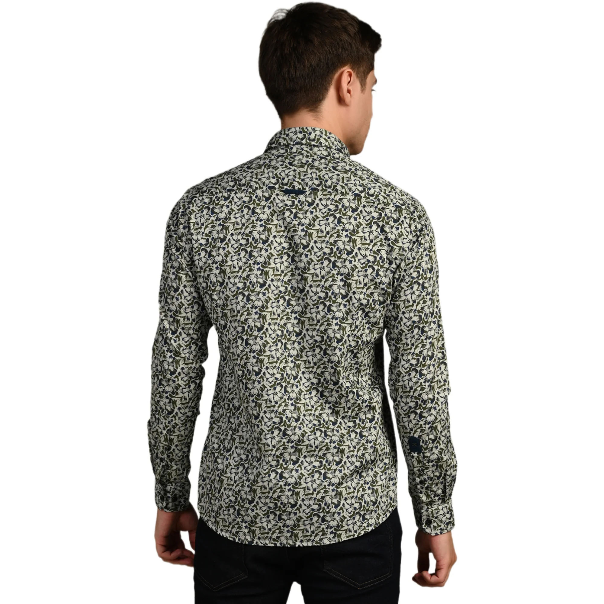 Full Sleeves Slim Fit Green All-Over Abstract Floral Dobby Structure Print Shirt - Image 7
