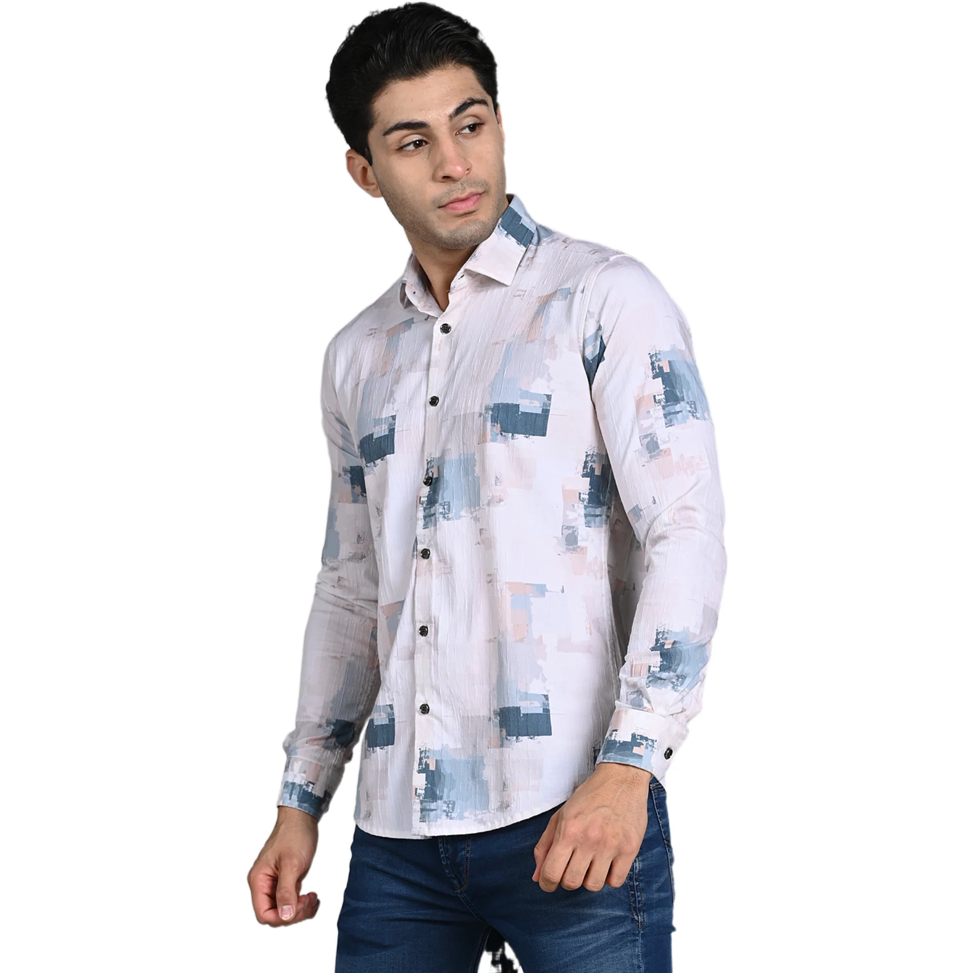 Full Sleeves Slim Fit Light Peach All-Over Grunge Brush Stroke Crushed Print Shirt - Image 3
