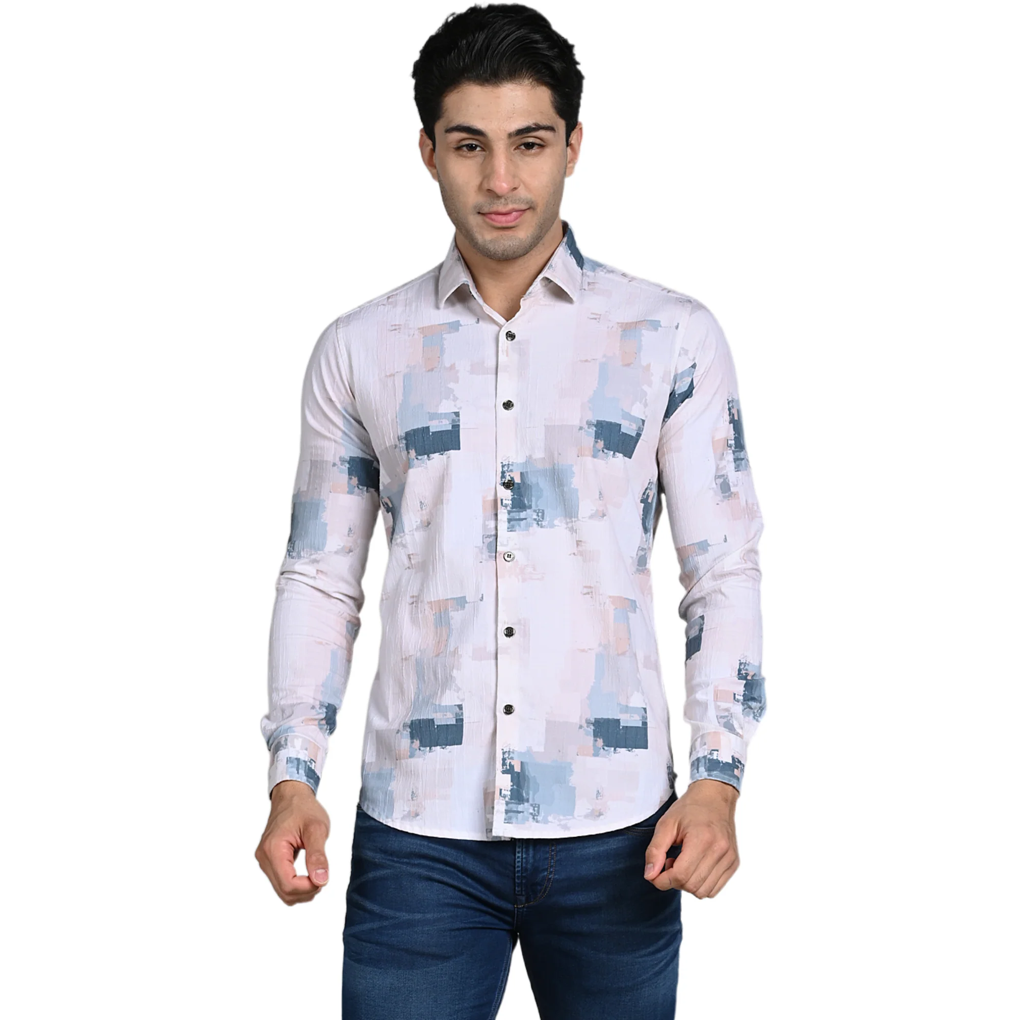 Full Sleeves Slim Fit Light Peach All-Over Grunge Brush Stroke Crushed Print Shirt - Image 4