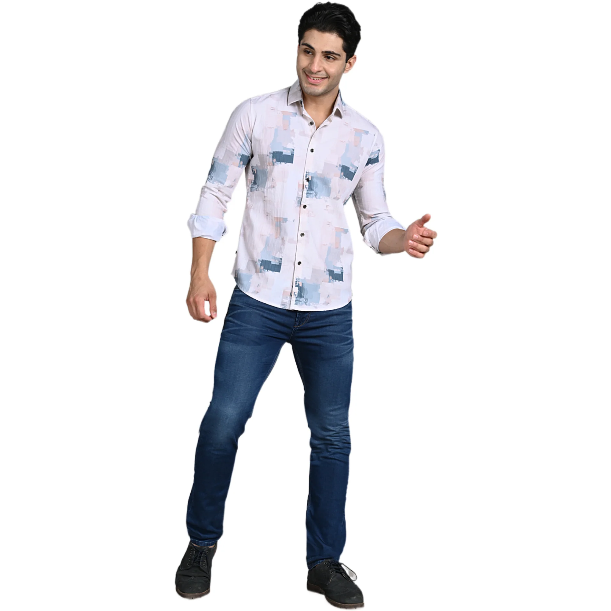 Full Sleeves Slim Fit Light Peach All-Over Grunge Brush Stroke Crushed Print Shirt - Image 5