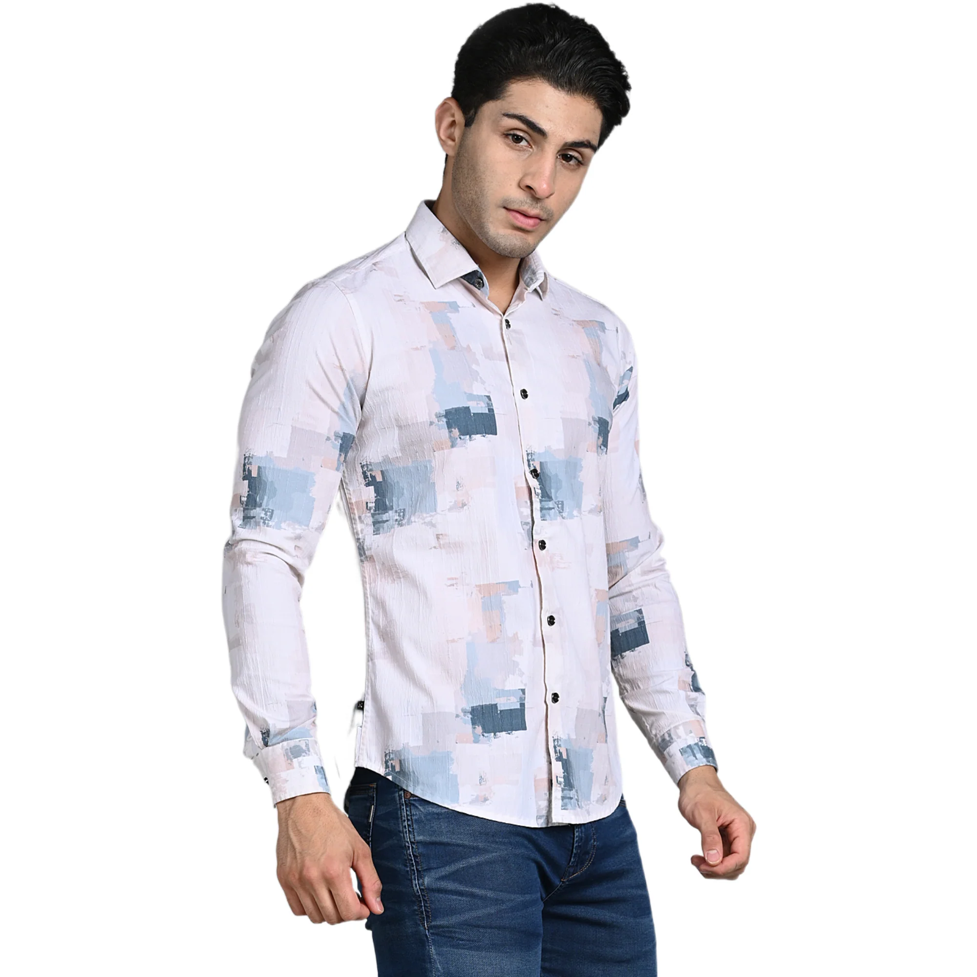 Full Sleeves Slim Fit Light Peach All-Over Grunge Brush Stroke Crushed Print Shirt - Image 6