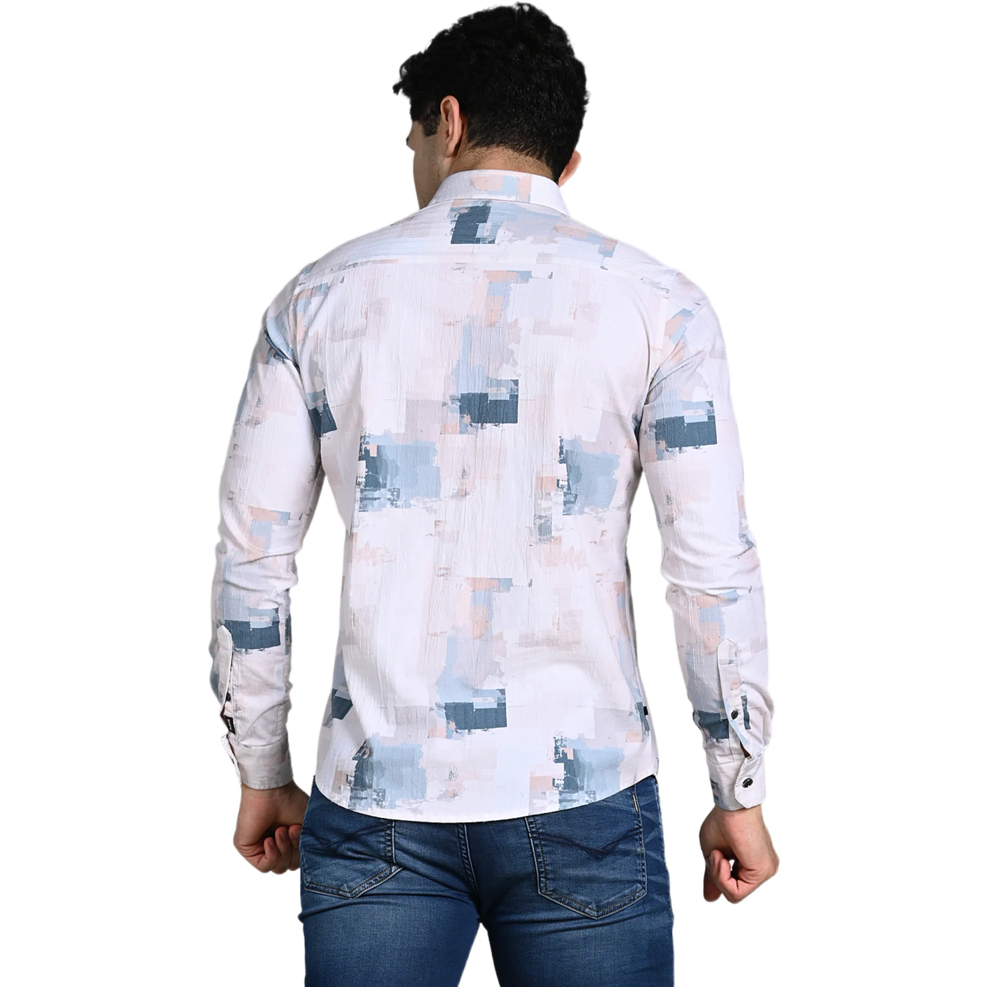 Full Sleeves Slim Fit Light Peach All-Over Grunge Brush Stroke Crushed Print Shirt - Image 7