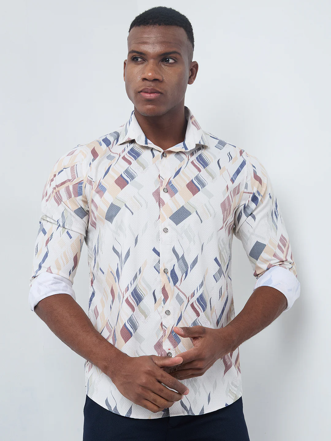 Full sleeves Slim Fit Yellow Abstract Diagonal Brushstroke Print Shirt - Image 3