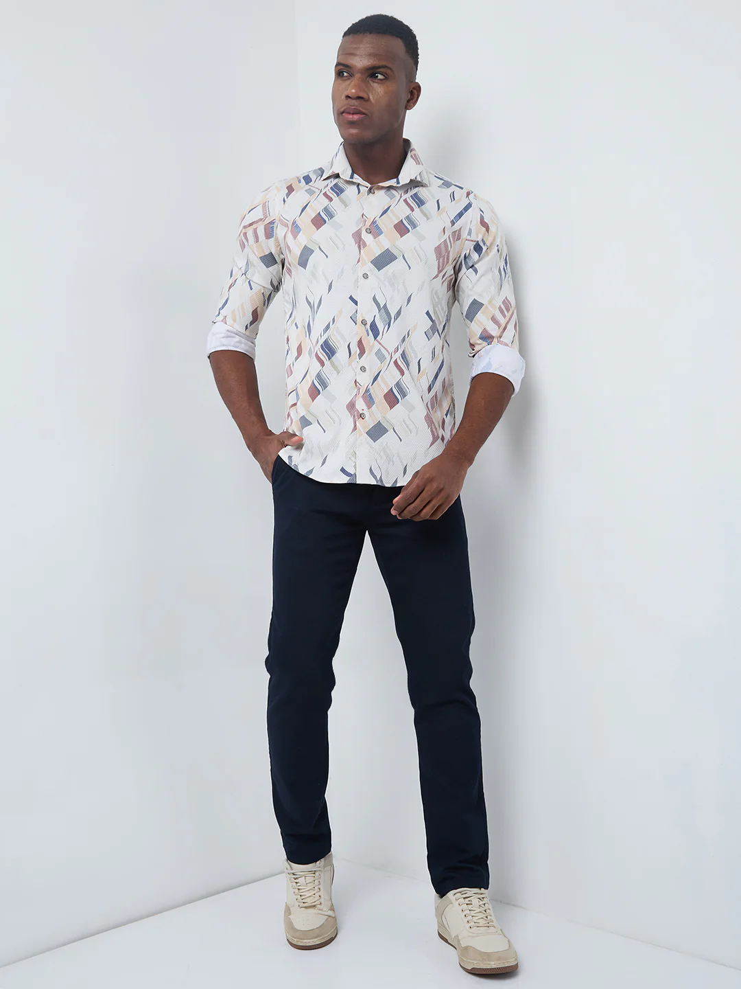 Full sleeves Slim Fit Yellow Abstract Diagonal Brushstroke Print Shirt - Image 4