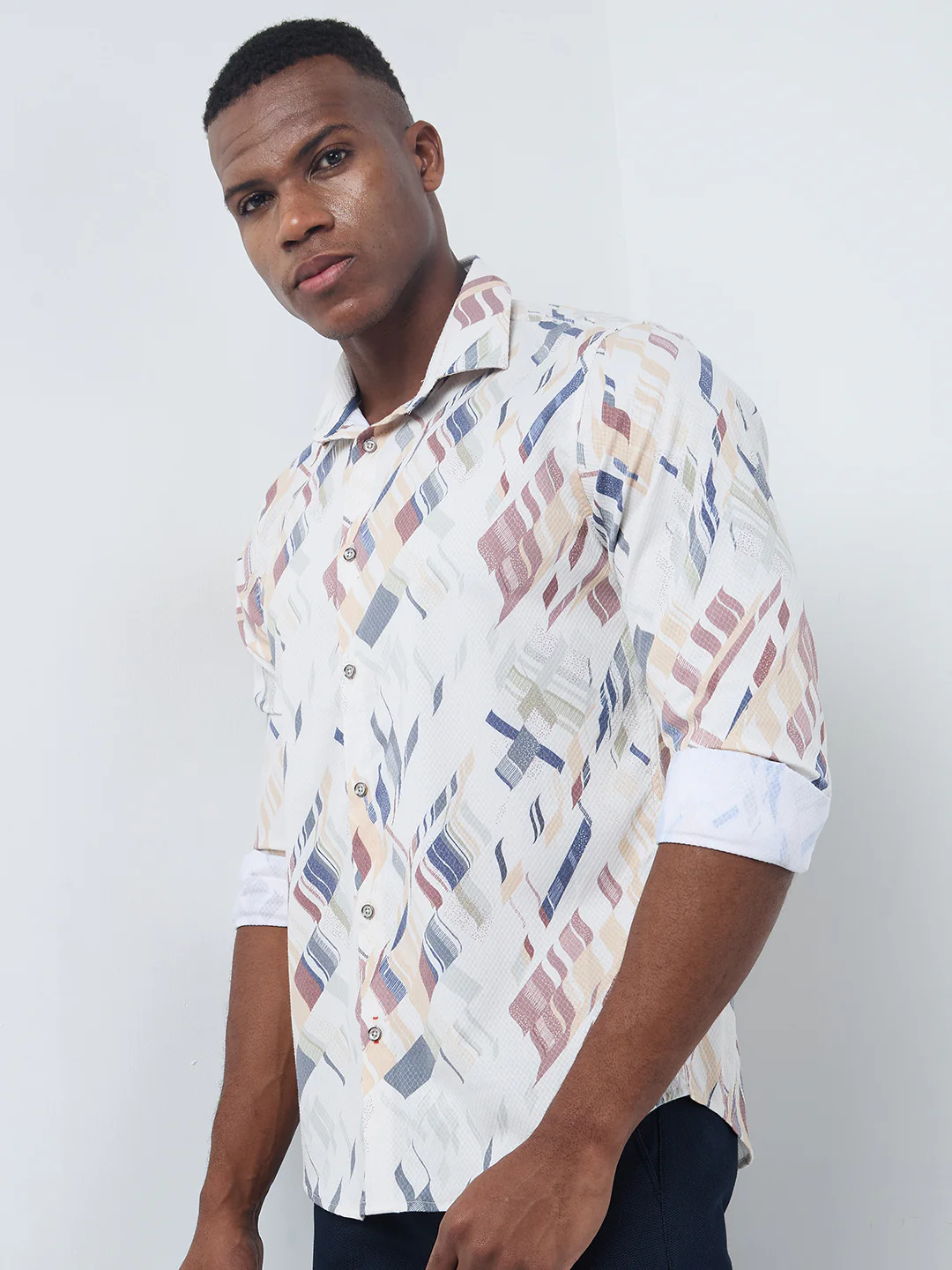 Full sleeves Slim Fit Yellow Abstract Diagonal Brushstroke Print Shirt - Image 5