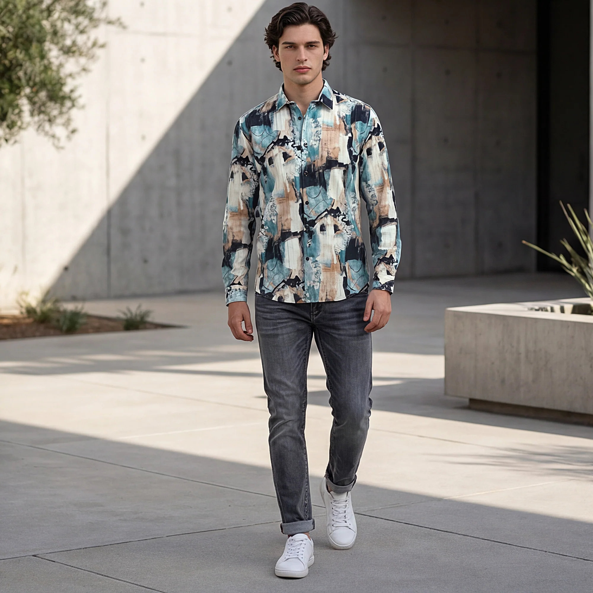 Full Sleeves Slim Fit Offwhite Abstract Painterly Textured Print Shirt
