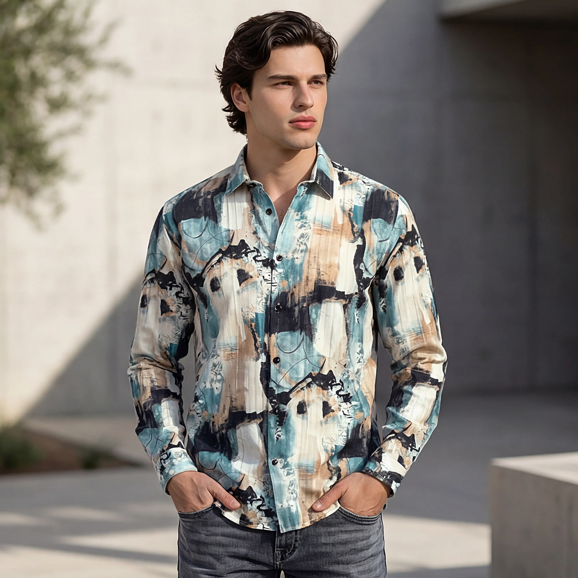 Full Sleeves Slim Fit Offwhite Abstract Painterly Textured Print Shirt - Image 2