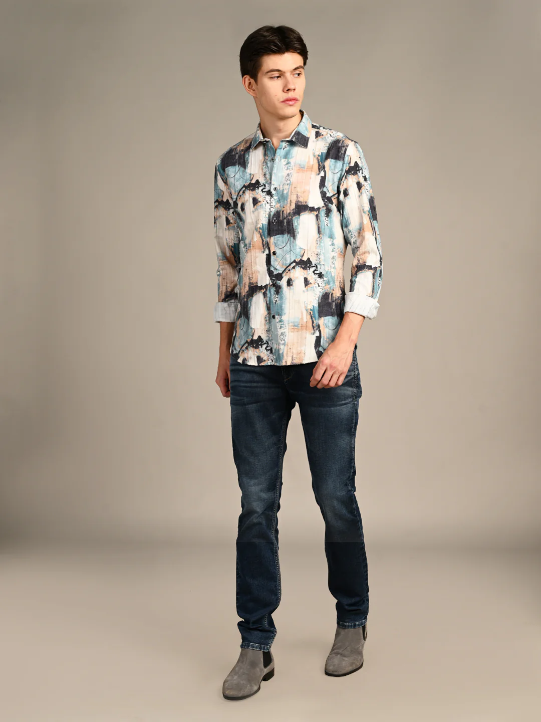 Full Sleeves Slim Fit Offwhite Abstract Painterly Textured Print Shirt - Image 3