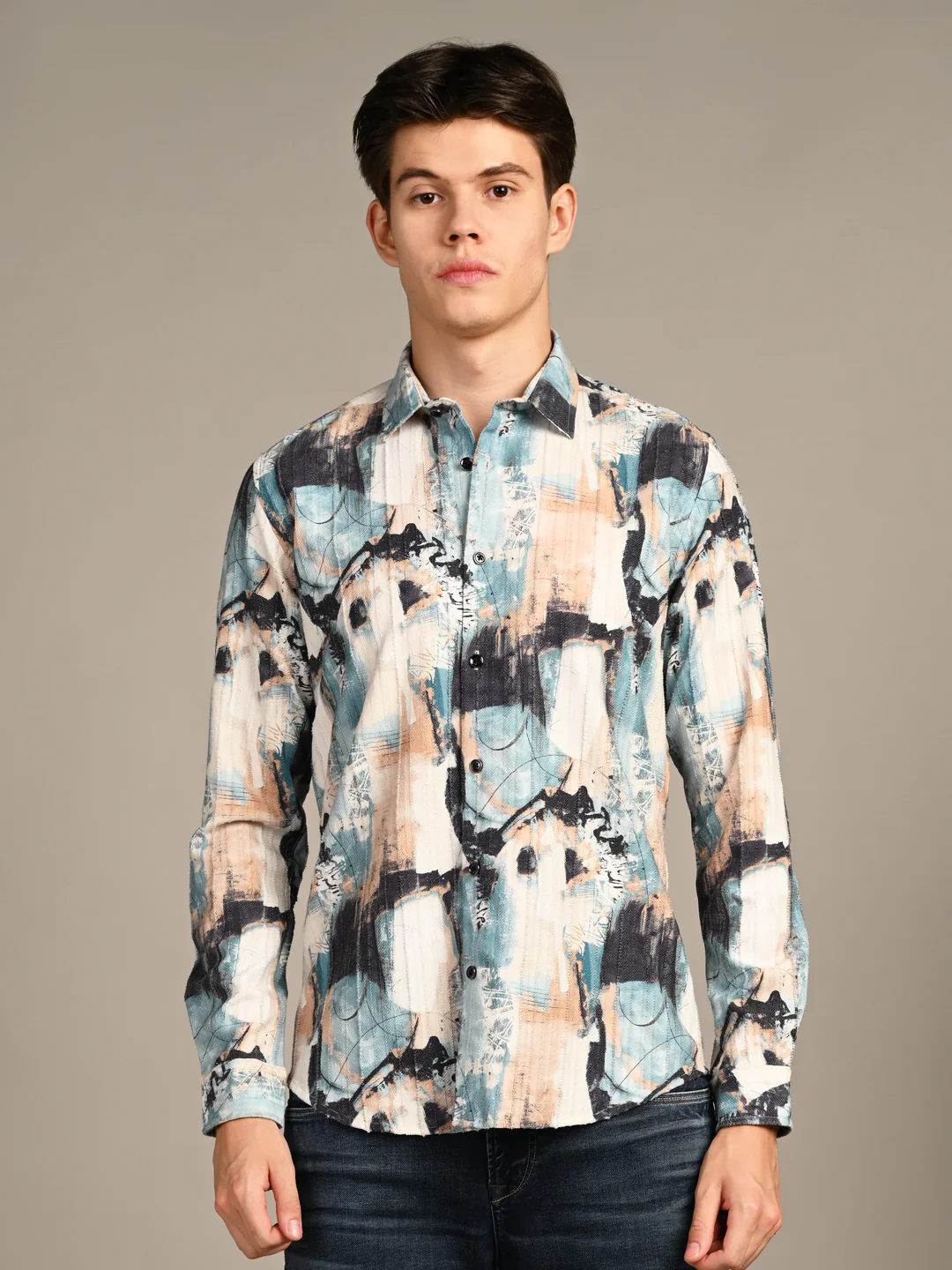 Full Sleeves Slim Fit Offwhite Abstract Painterly Textured Print Shirt - Image 4