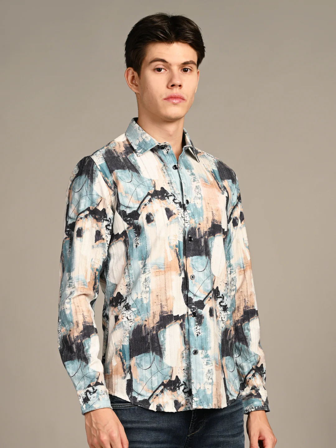 Full Sleeves Slim Fit Offwhite Abstract Painterly Textured Print Shirt - Image 5