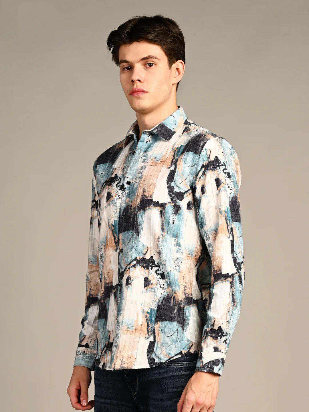 Full Sleeves Slim Fit Offwhite Abstract Painterly Textured Print Shirt - Image 6