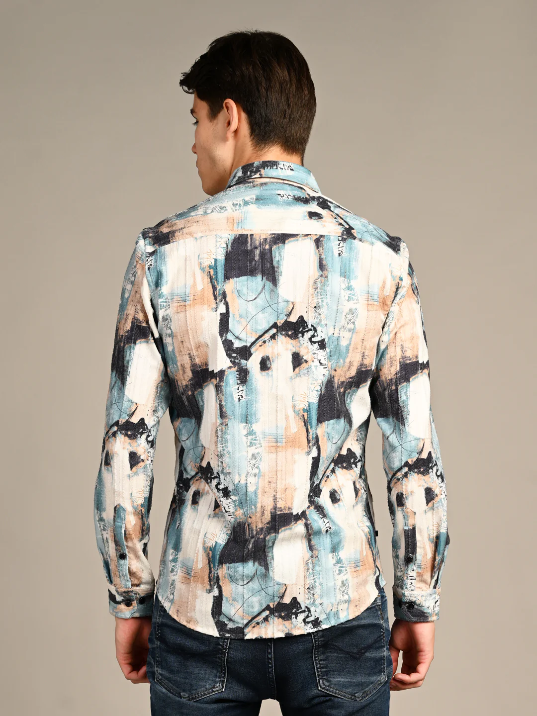 Full Sleeves Slim Fit Offwhite Abstract Painterly Textured Print Shirt - Image 7