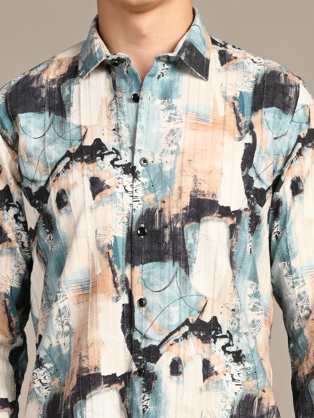 Full Sleeves Slim Fit Offwhite Abstract Painterly Textured Print Shirt - Image 8