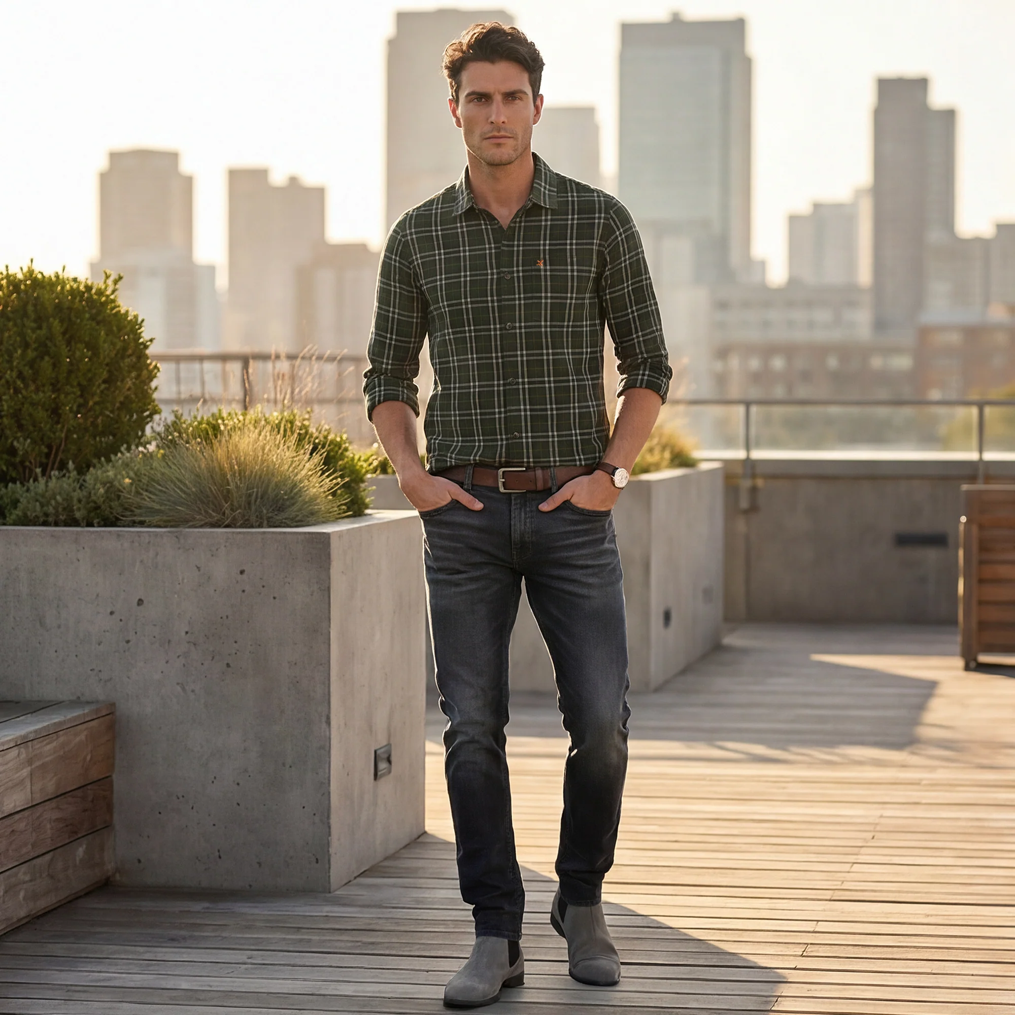 Full Sleeves Slim Fit Dark Green Mild Brushing Checks Shirt