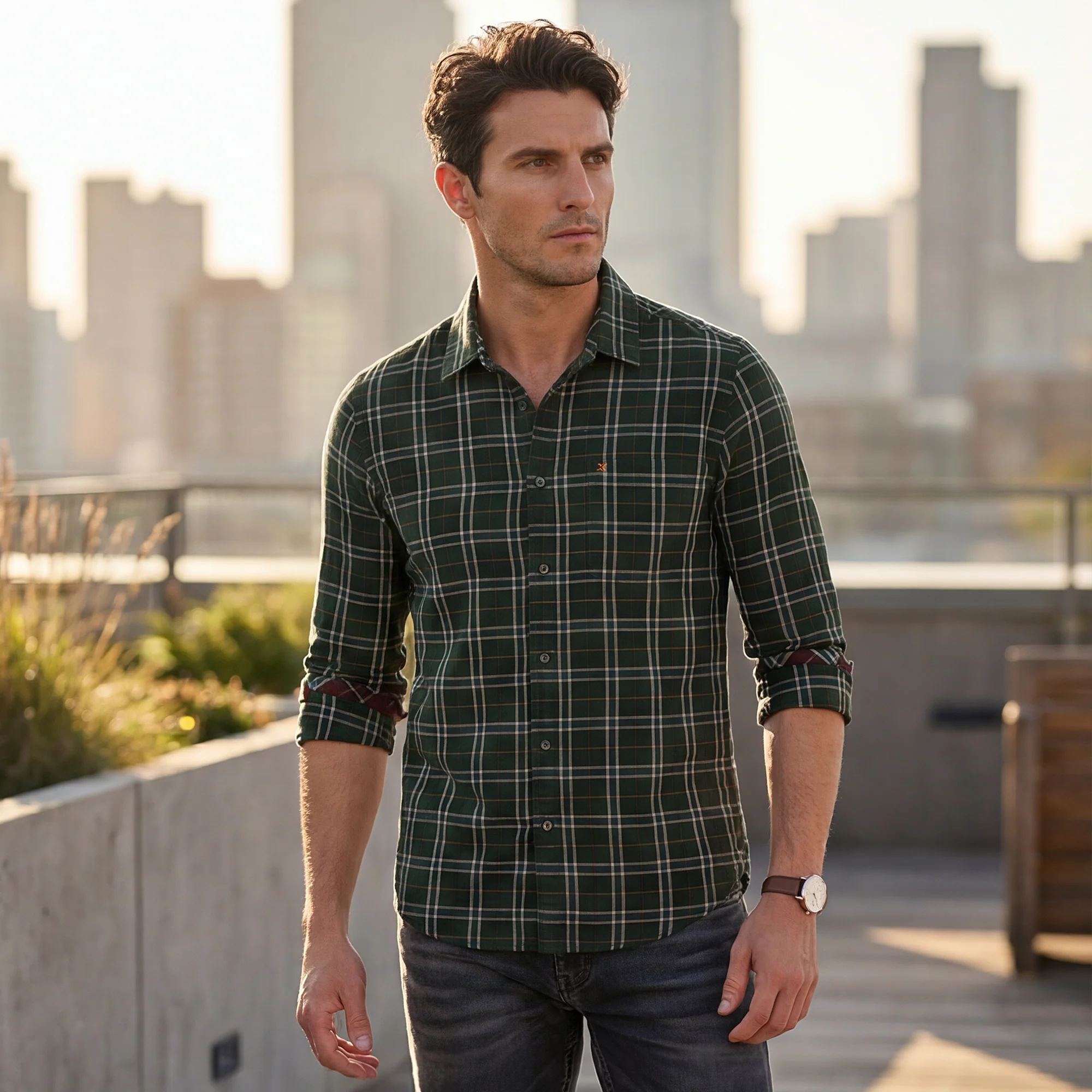 Full Sleeves Slim Fit Dark Green Mild Brushing Checks Shirt - Image 2