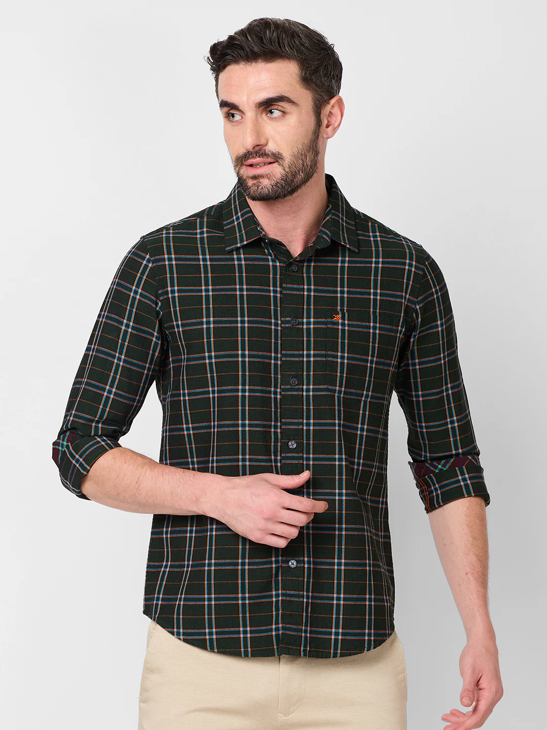 Full Sleeves Slim Fit Dark Green Mild Brushing Checks Shirt - Image 3