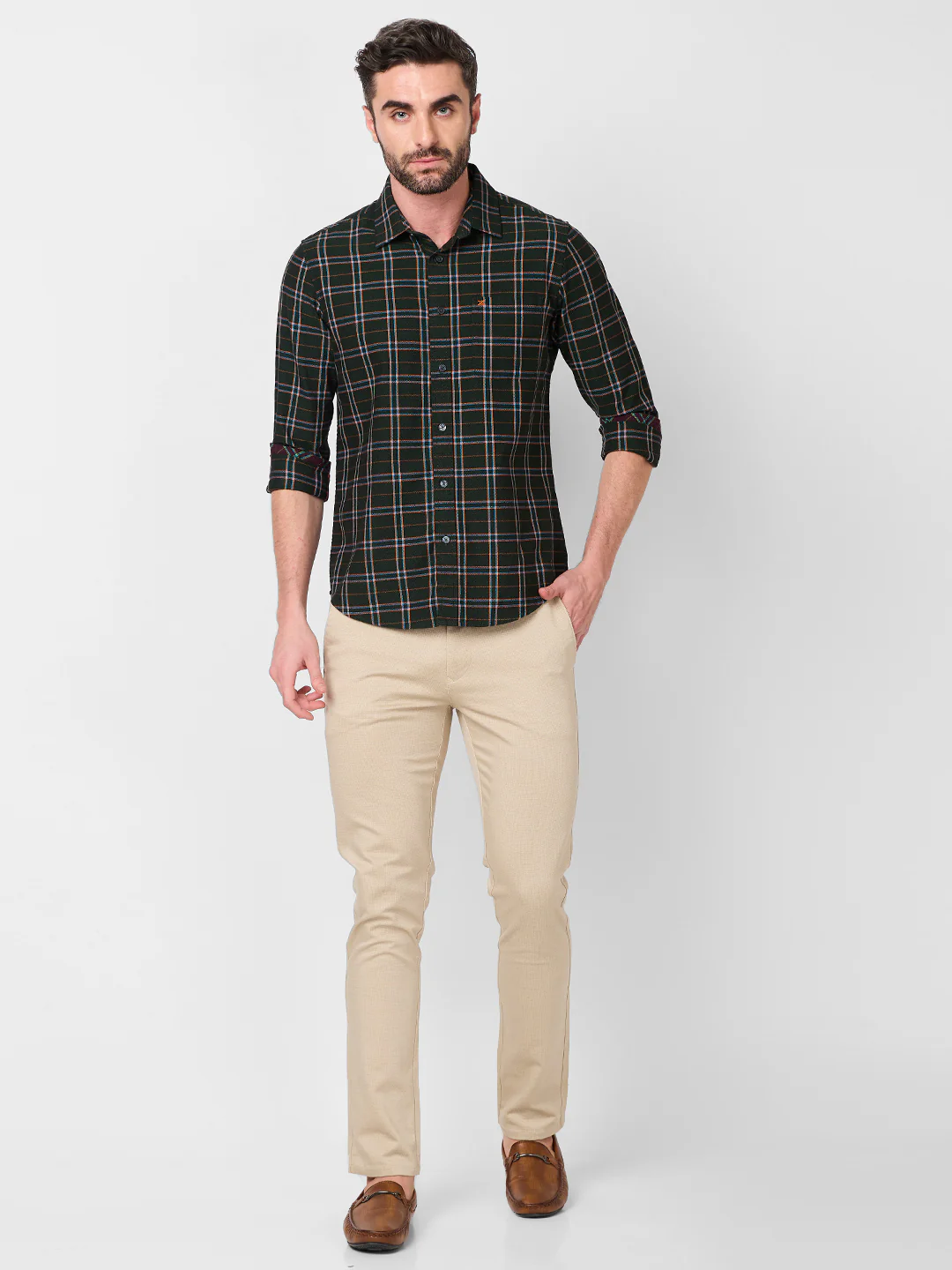 Full Sleeves Slim Fit Dark Green Mild Brushing Checks Shirt - Image 4