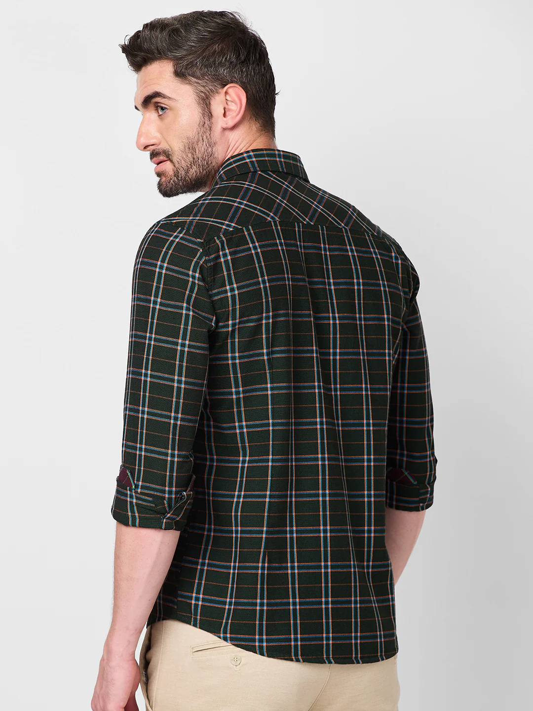 Full Sleeves Slim Fit Dark Green Mild Brushing Checks Shirt - Image 5